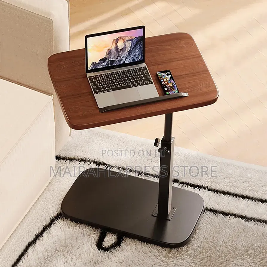 Height-Adjustable C-Shaped Side Table With a Walnut Wood Top Atm