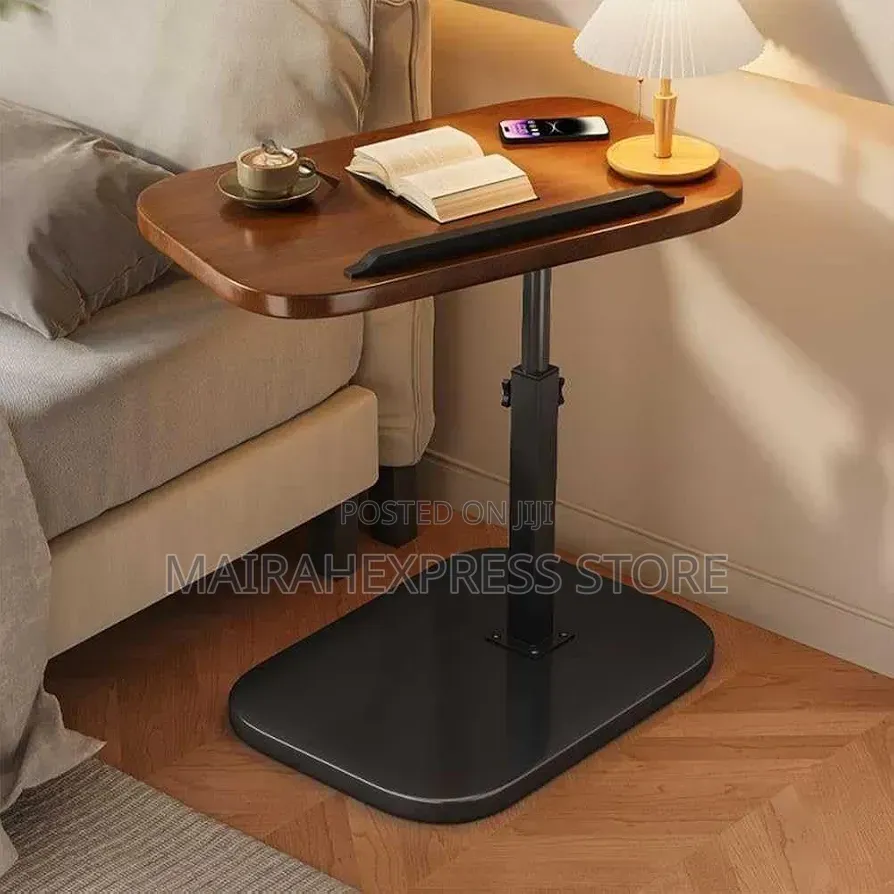 Height-Adjustable C-Shaped Side Table With a Walnut Wood Top Atm