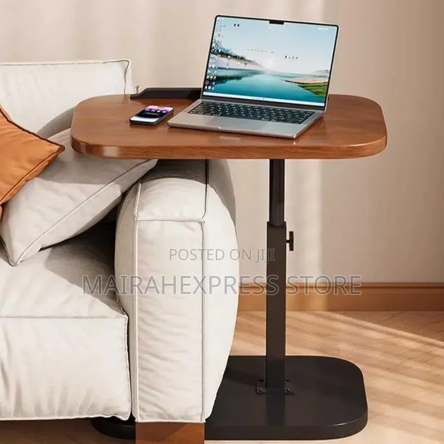 Height-Adjustable C-Shaped Side Table With a Walnut Wood Top Atm