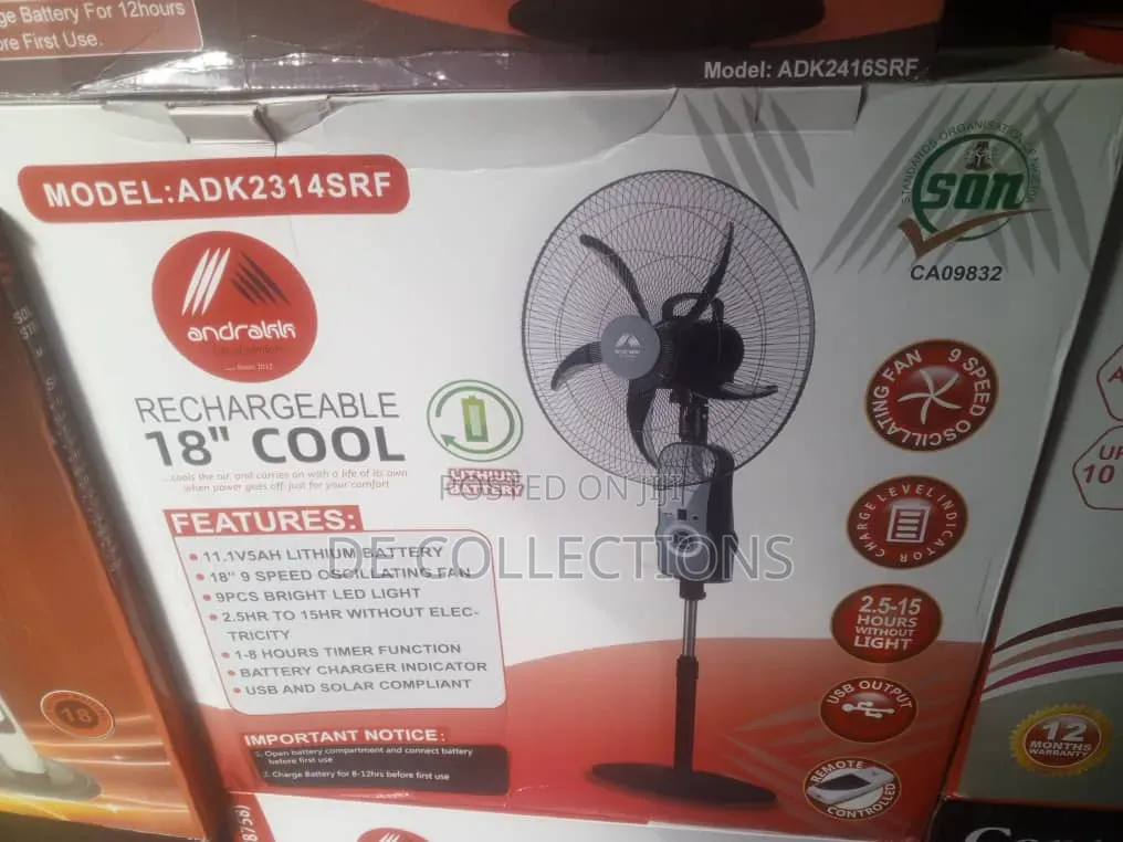 Andrakk 18 Inch 9 Speed Rechargeable Fan With Usb and Remote