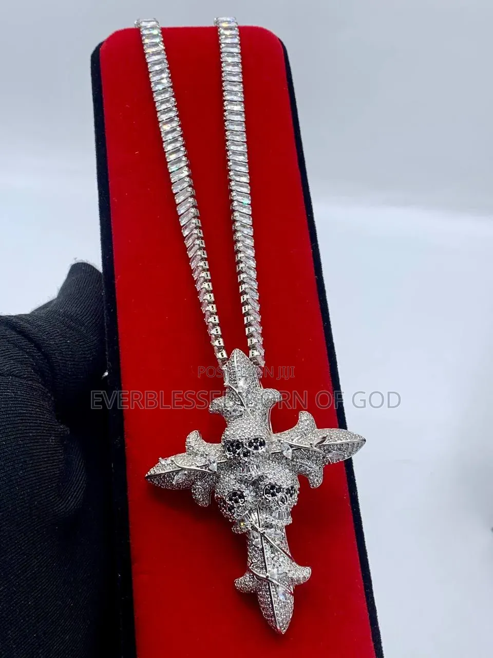 Cubic Zirconia Tennis Link Chain With Sword and Cross Pendant