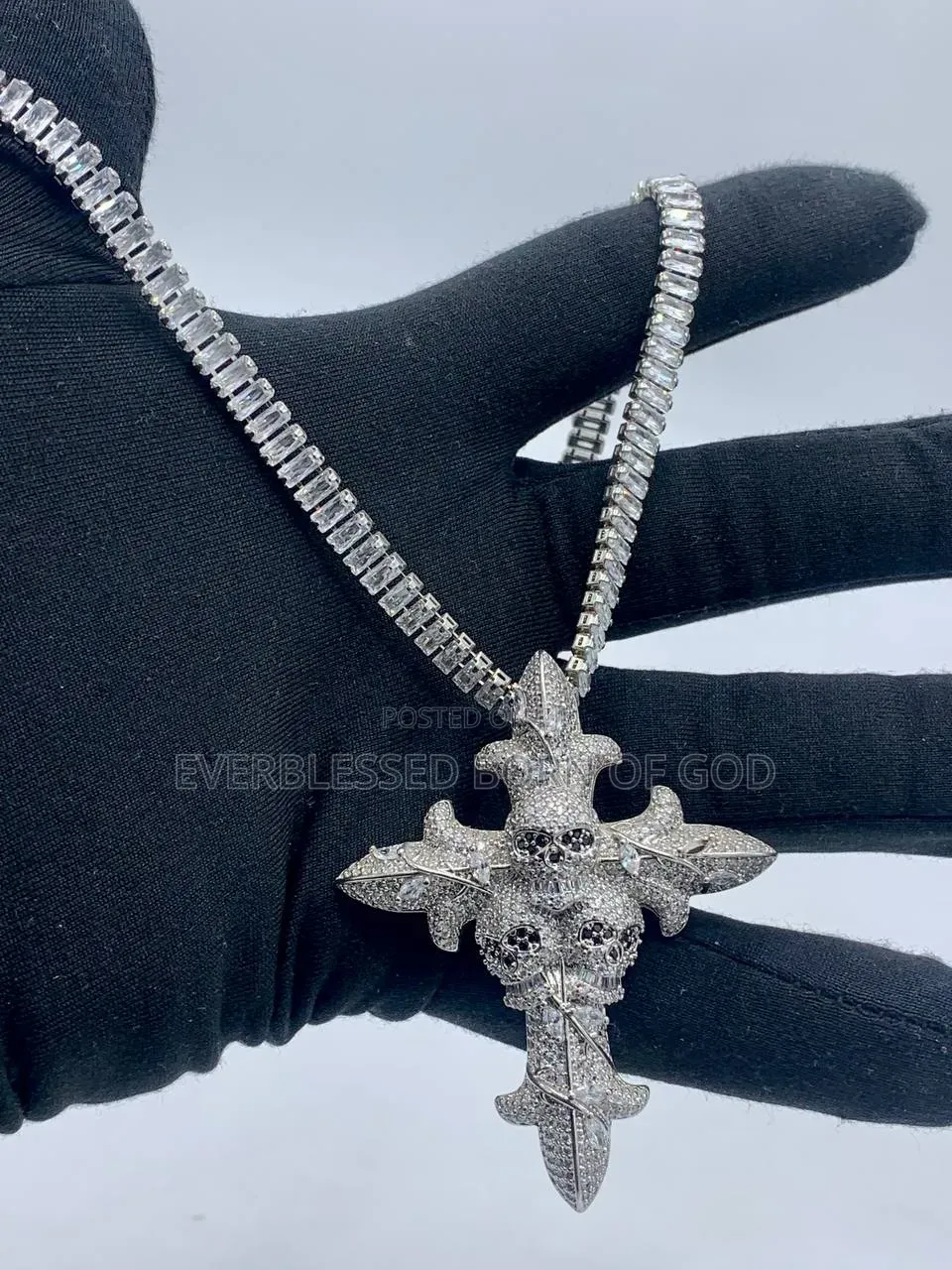 Cubic Zirconia Tennis Link Chain With Sword and Cross Pendant