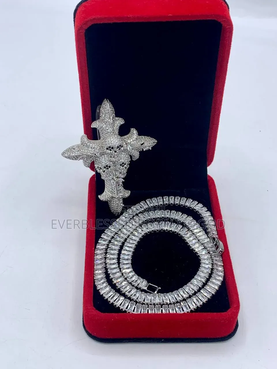 Cubic Zirconia Tennis Link Chain With Sword and Cross Pendant
