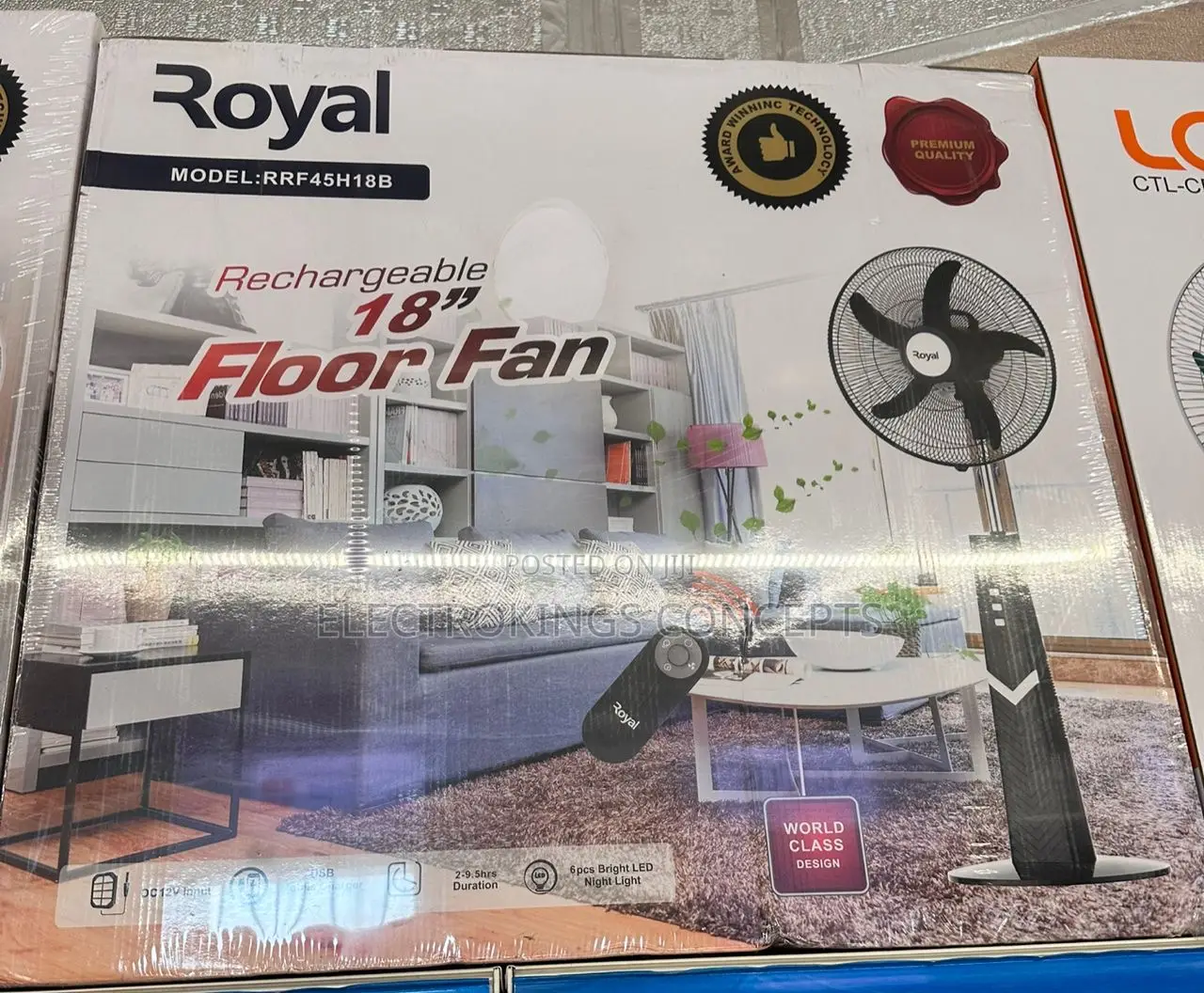 18” Royal Rechargeable Standing Fan With Remote – Model Rrf45h18b