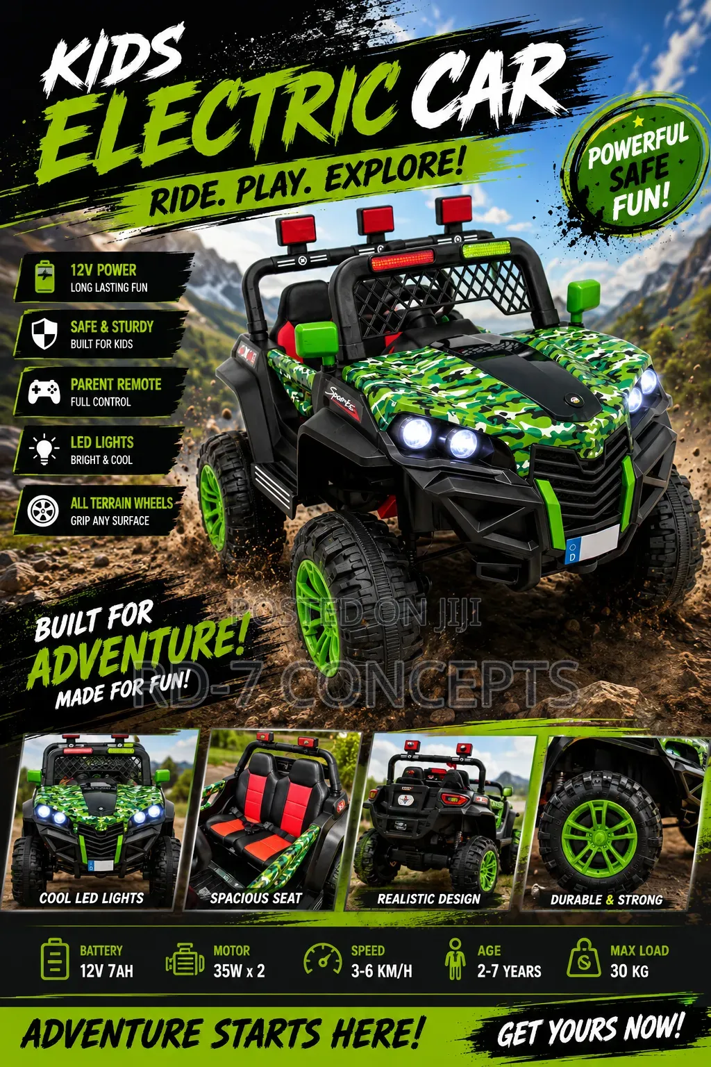 Off Road Kids Electric Car - Green Pattern