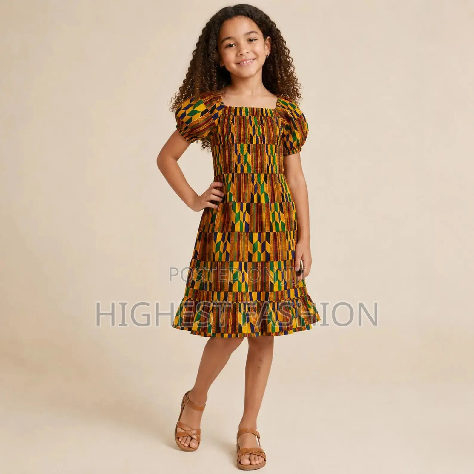 Girls Kente Print Smocked Dress