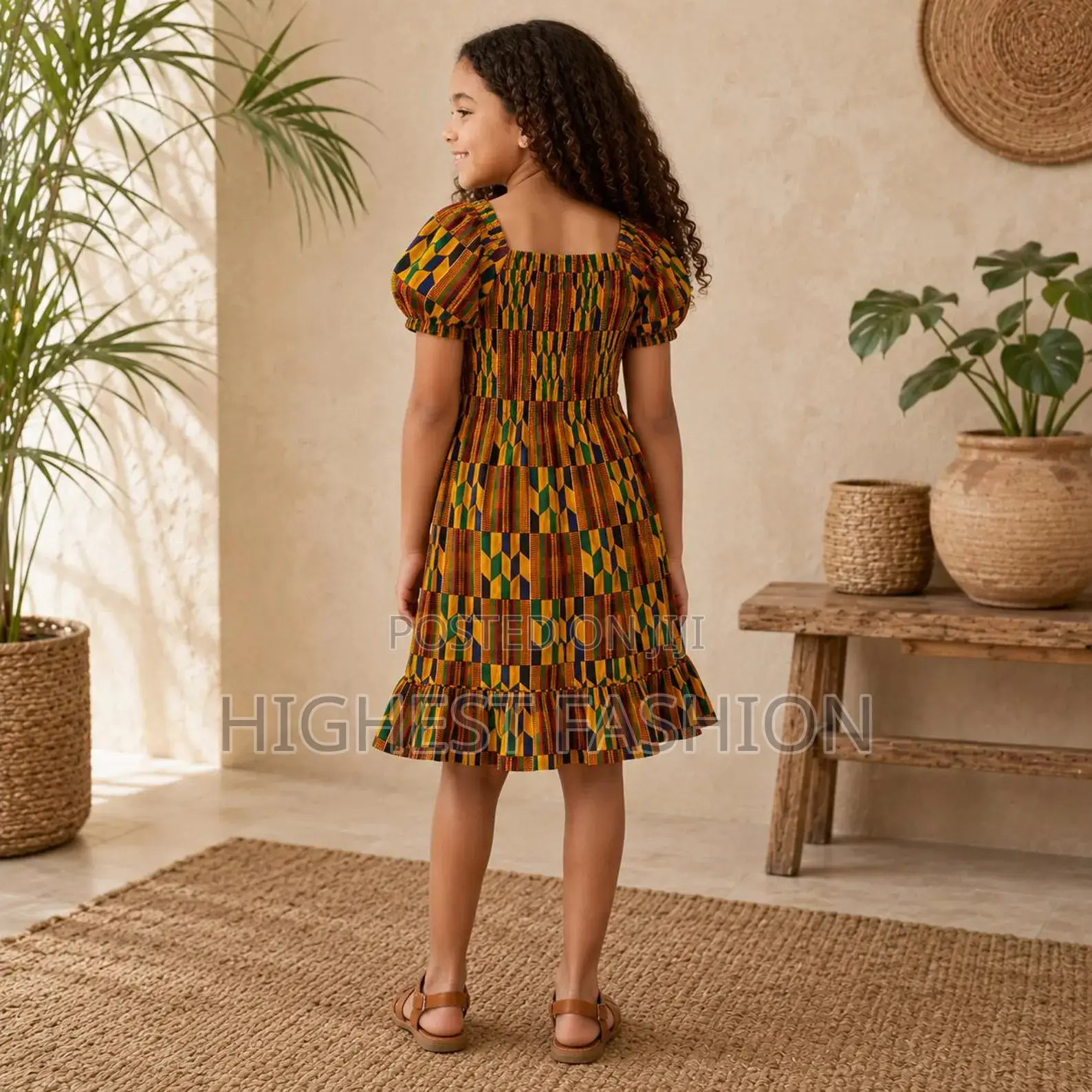 Girls Kente Print Smocked Dress