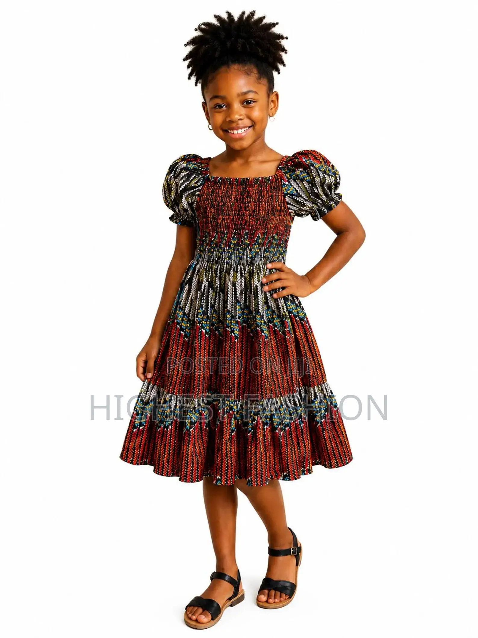 Girls African Print Smocked Three Quarter Gown