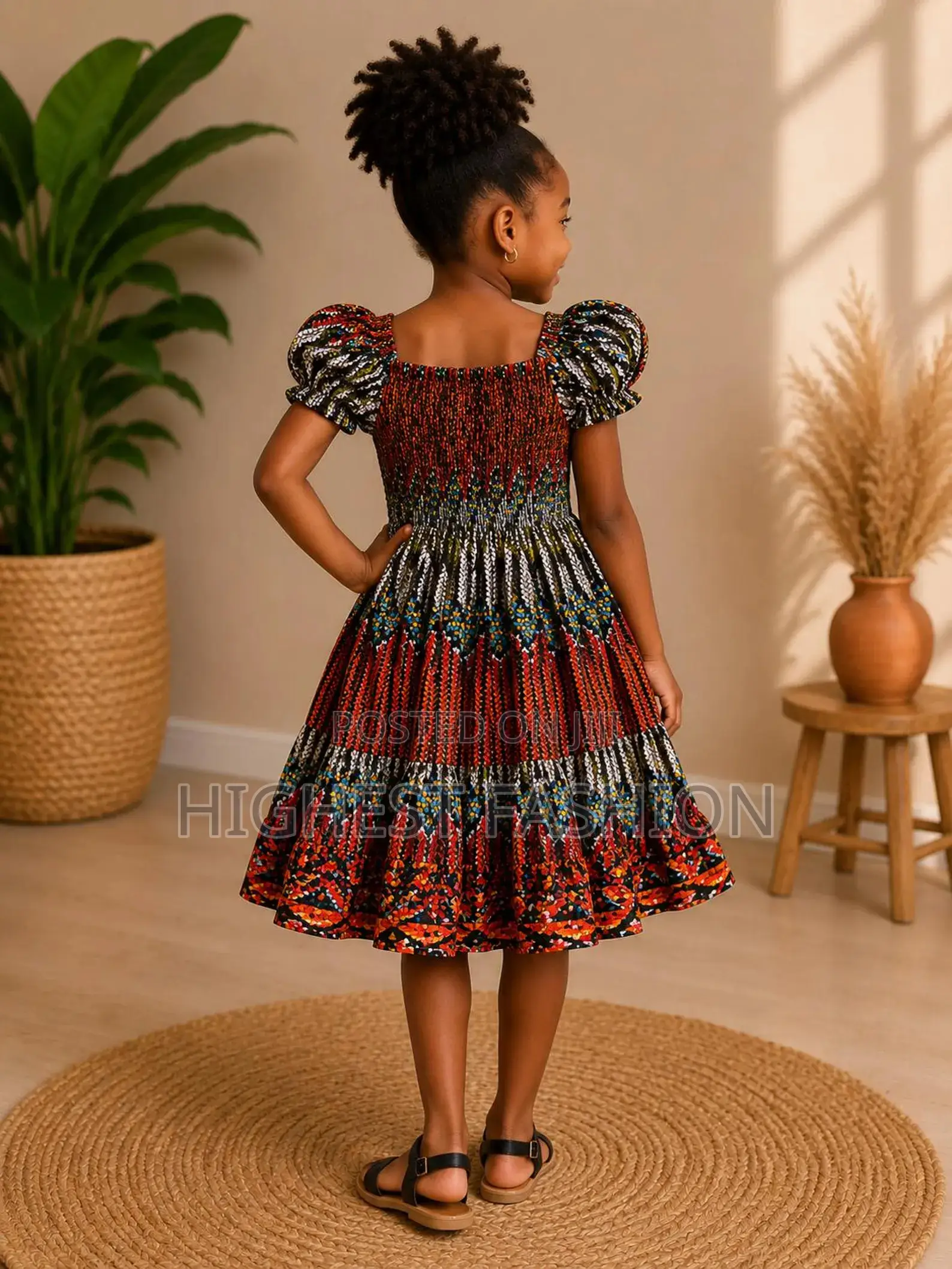 Girls African Print Smocked Three Quarter Gown