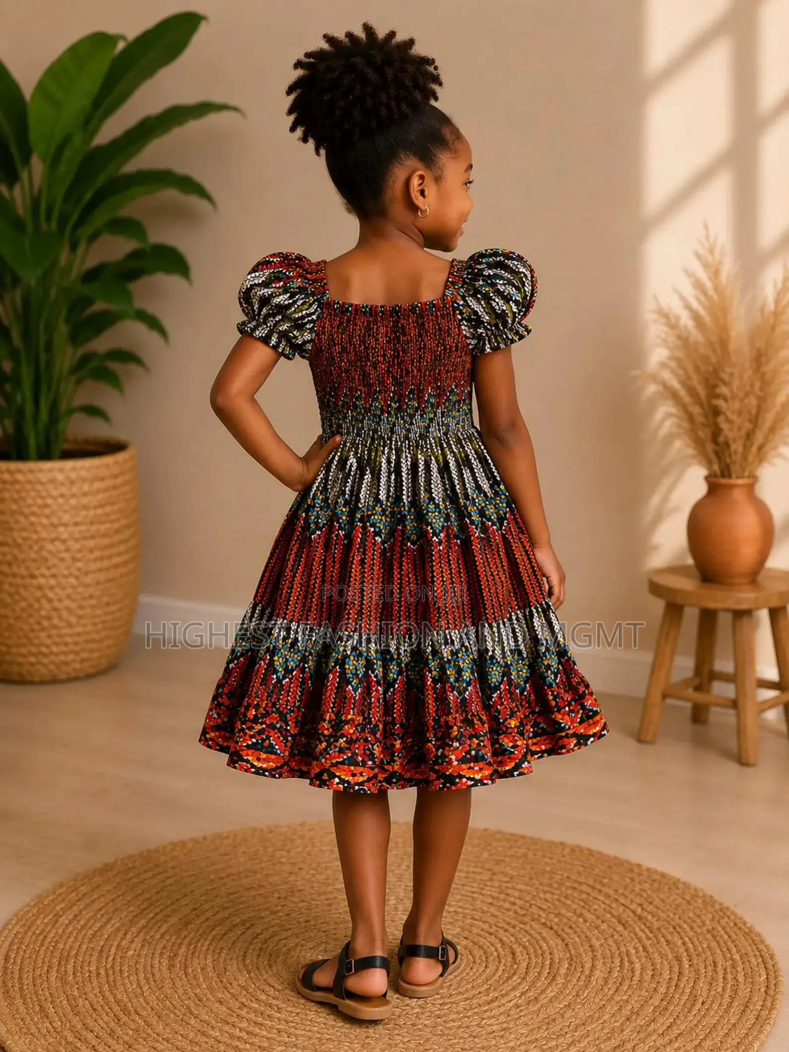 Girls African Print Smocked Three Quarter Gown