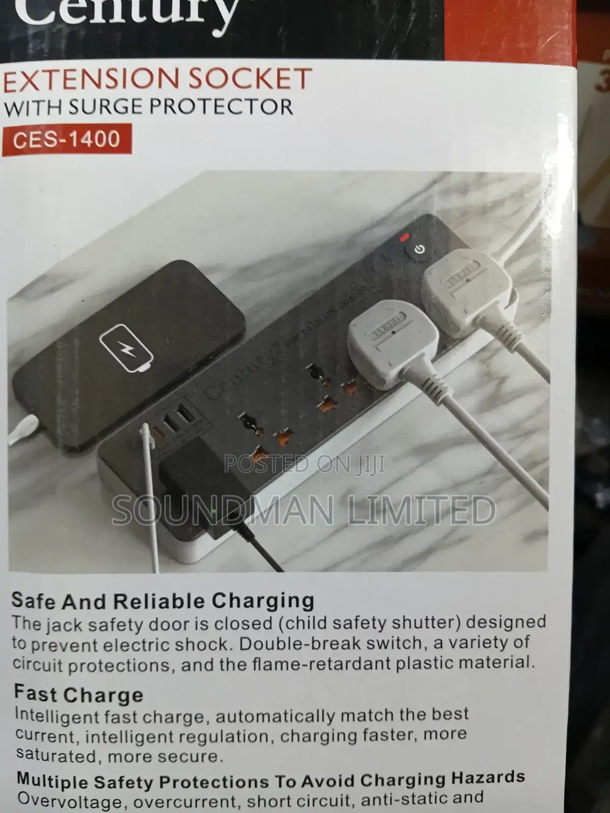 Century Socket Extension Box With Surge Protection, Usb Type-C Ports