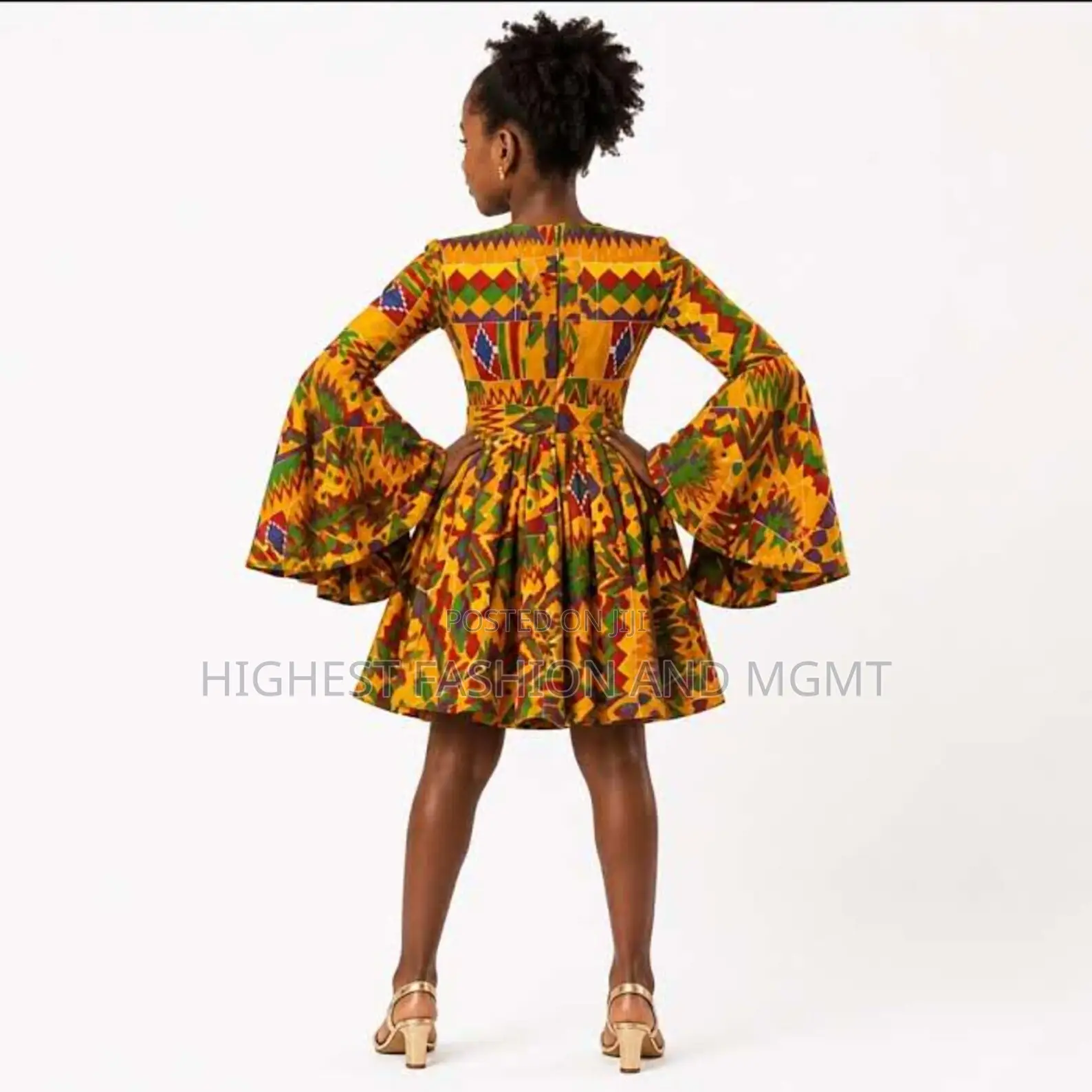 Girls Kente Print Bell Sleeve Flare Dress