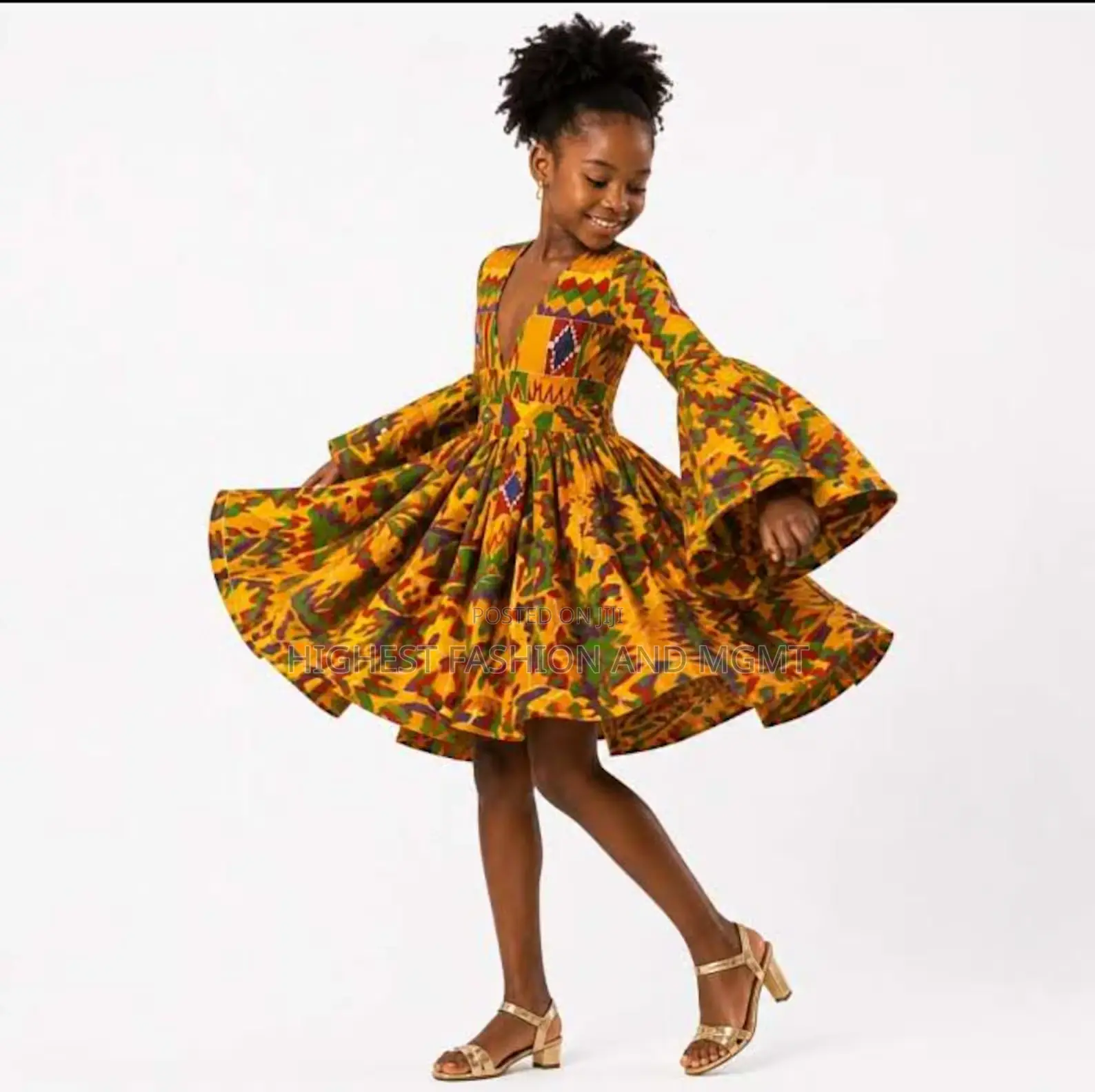 Girls Kente Print Bell Sleeve Flare Dress