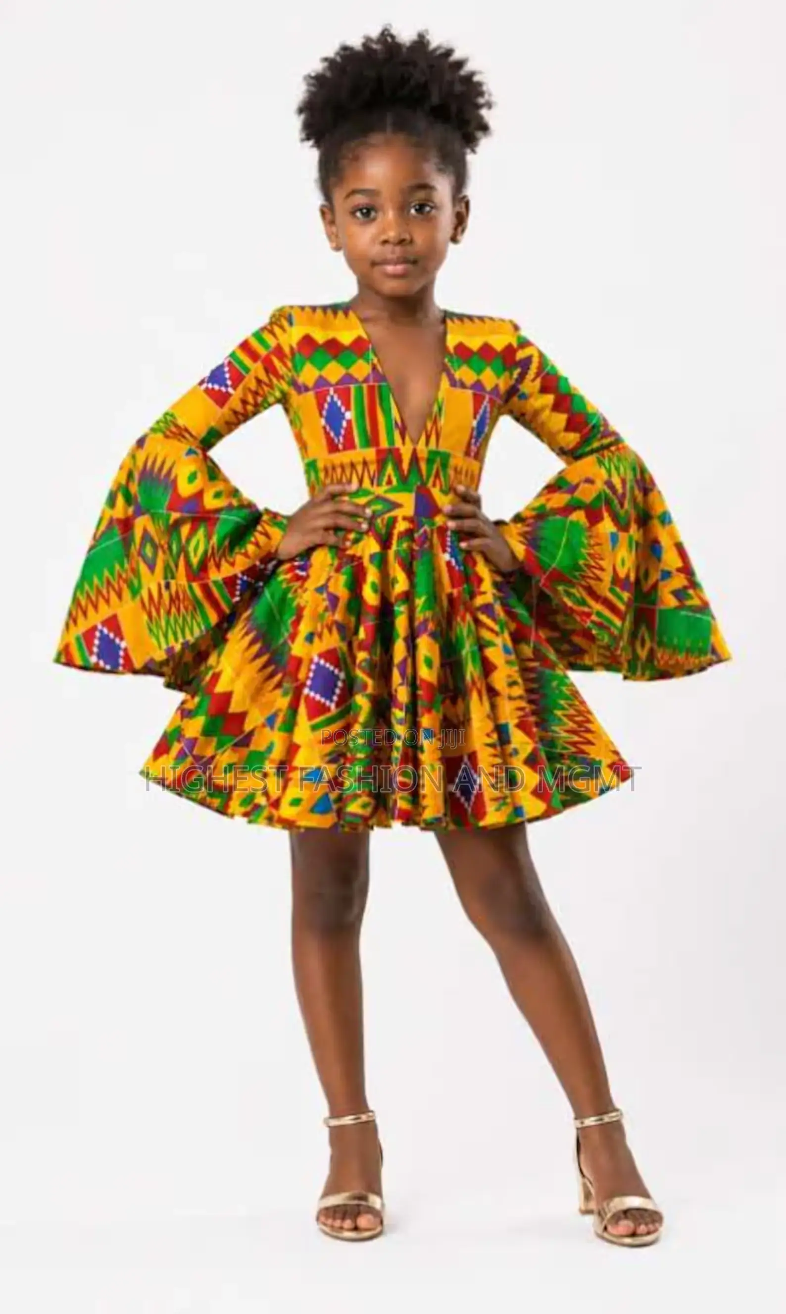Girls Kente Print Bell Sleeve Flare Dress