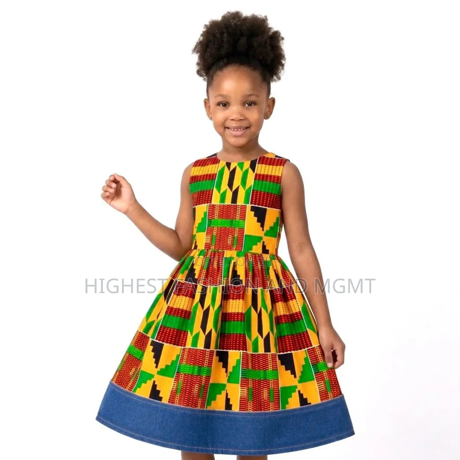 Girls African Print Dress With Denim Hem