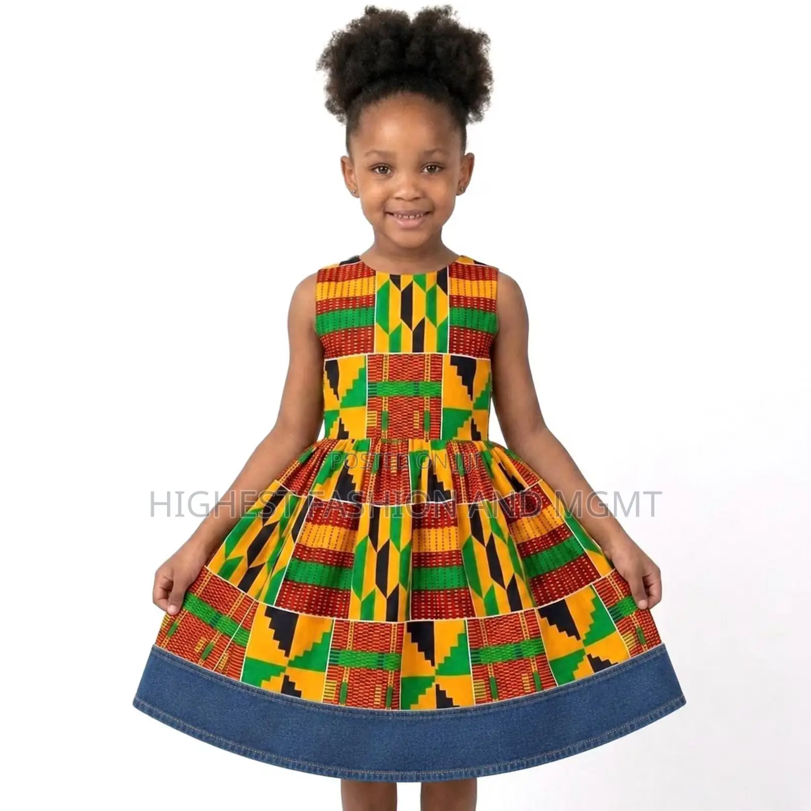 Girls African Print Dress With Denim Hem