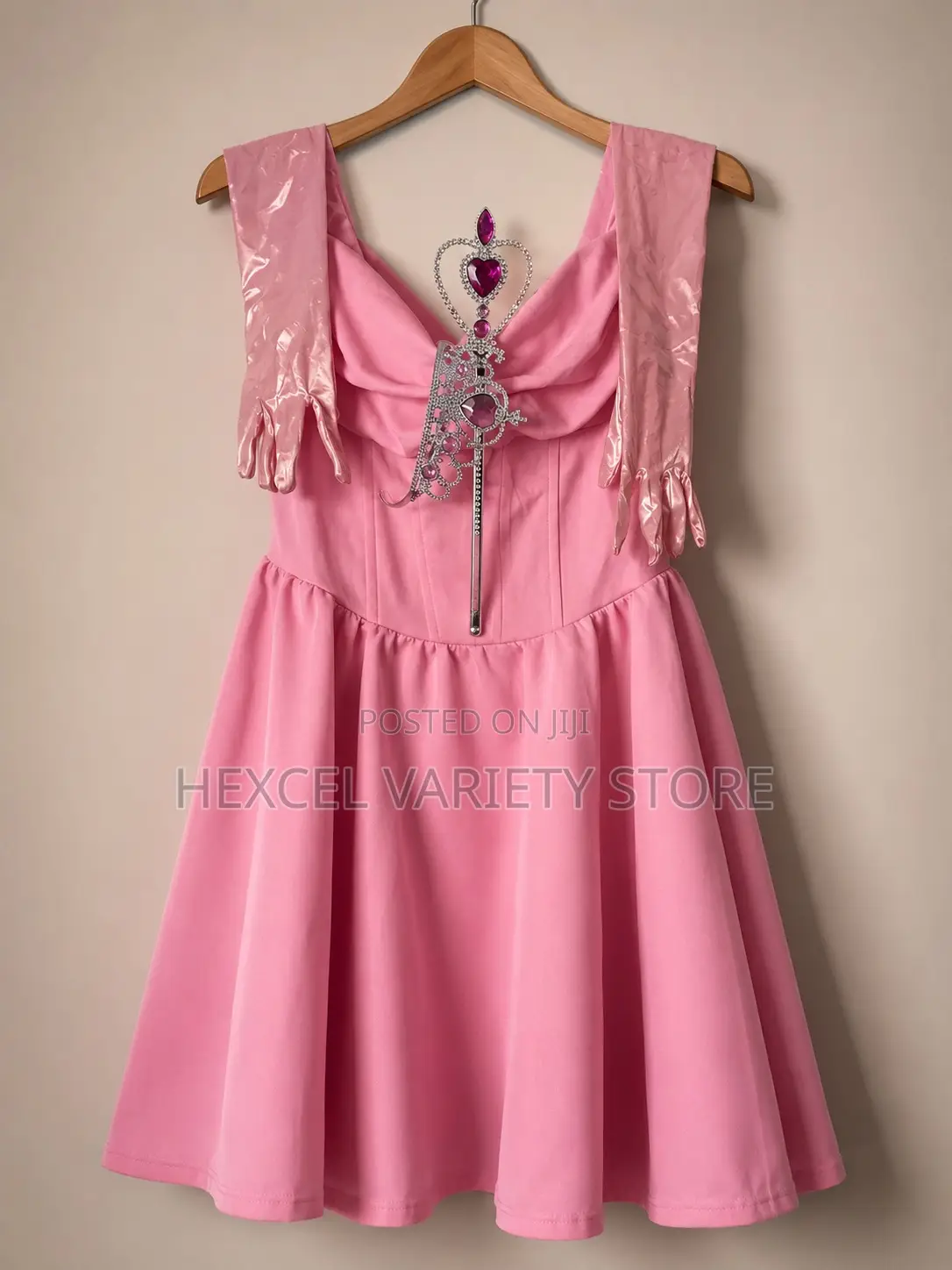 Elegant Pink Princess Dress With Gloves, Crown Rhinestone Wand