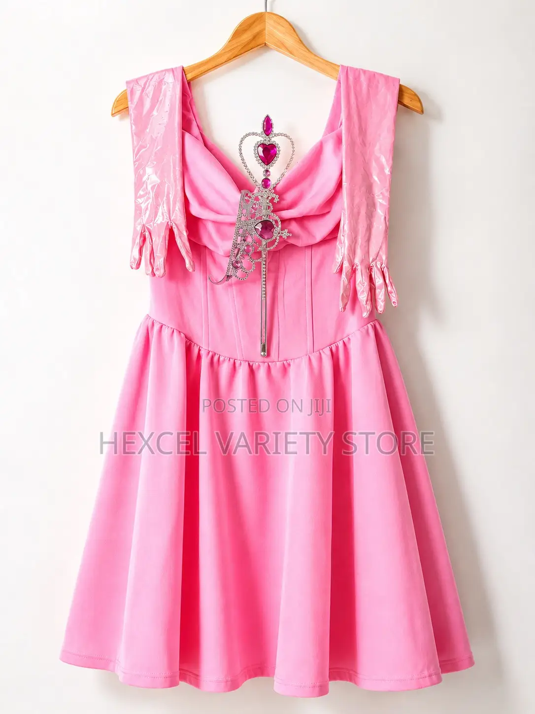 Elegant Pink Princess Dress With Gloves, Crown Rhinestone Wand