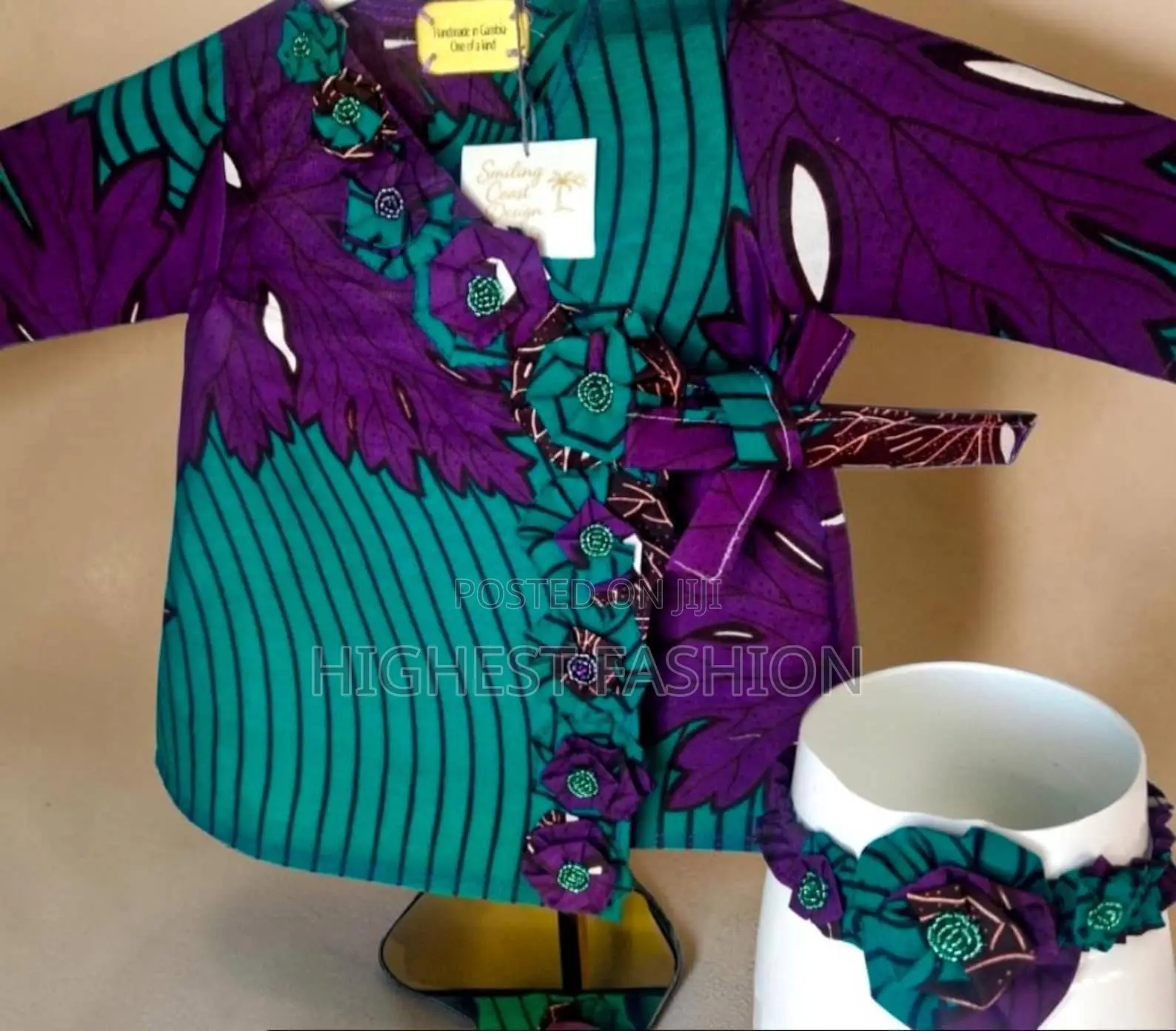 Hand Beaded African Waxprint Baby Dress and Headwrap Set