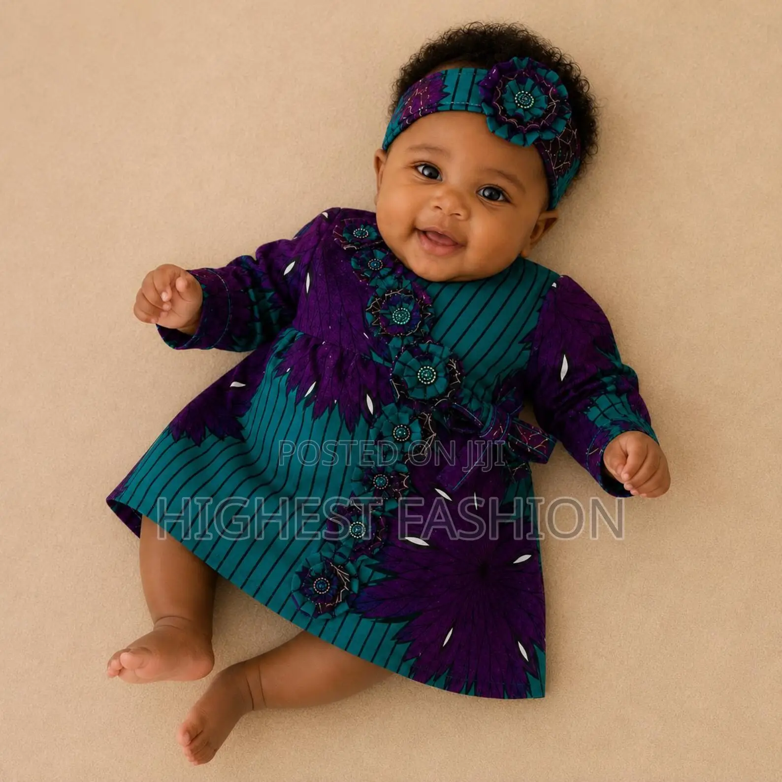 Hand Beaded African Waxprint Baby Dress and Headwrap Set