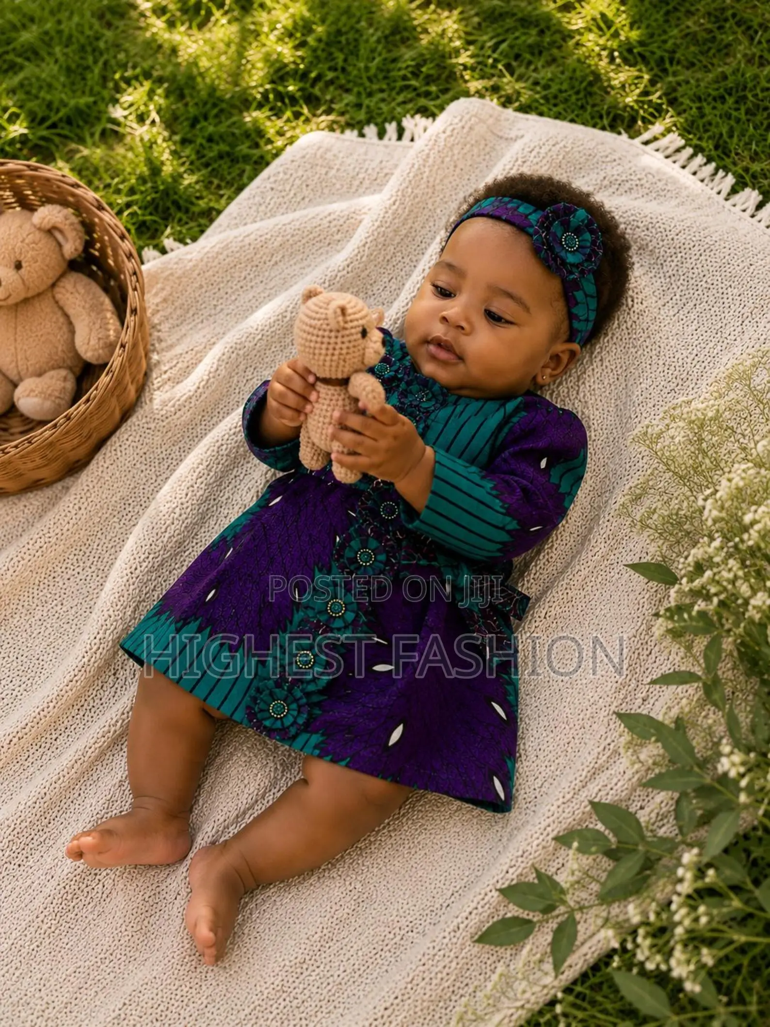 Hand Beaded African Waxprint Baby Dress and Headwrap Set