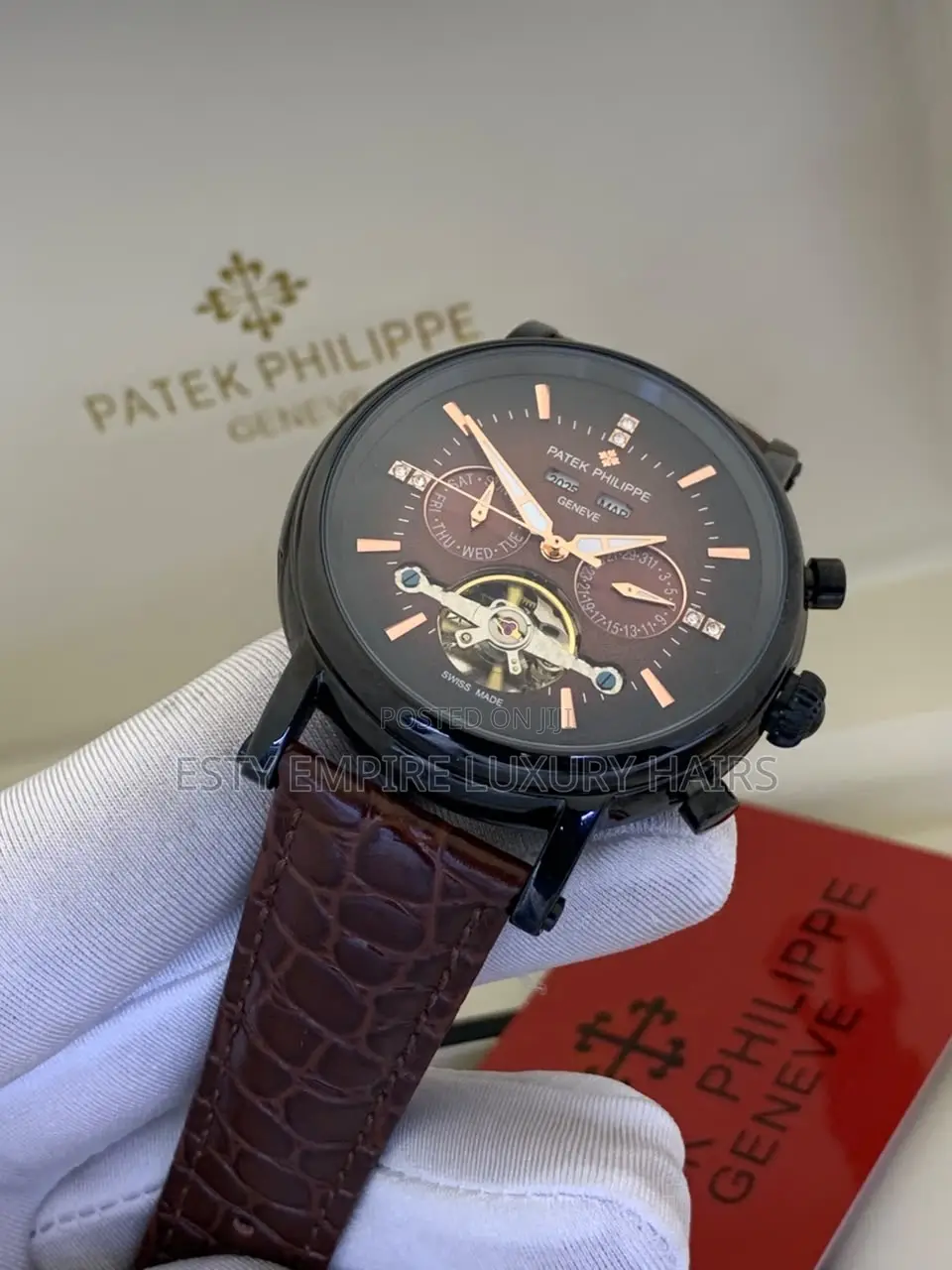 Quality Luxury Patek Philippe Rose Gold Black Leather Strap