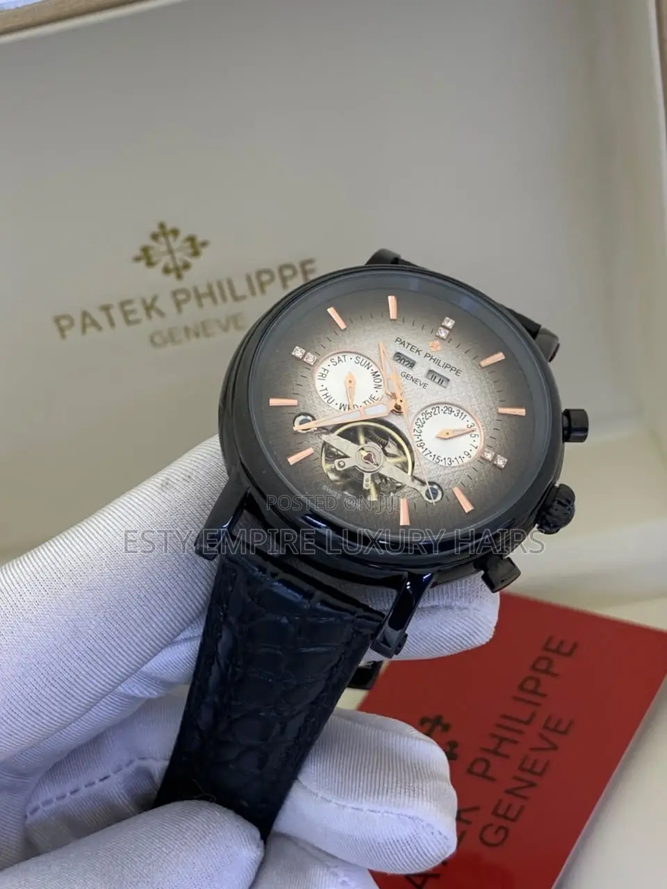 Quality Luxury Patek Philippe Rose Gold Black Leather Strap
