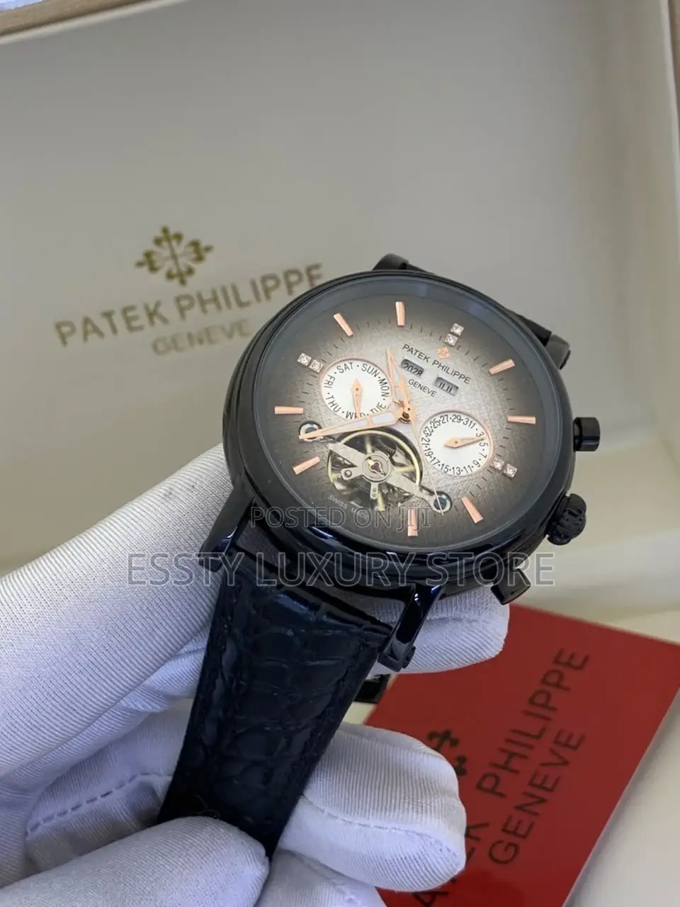 Quality Luxury Patek Philippe Rose Gold Black Leather Strap