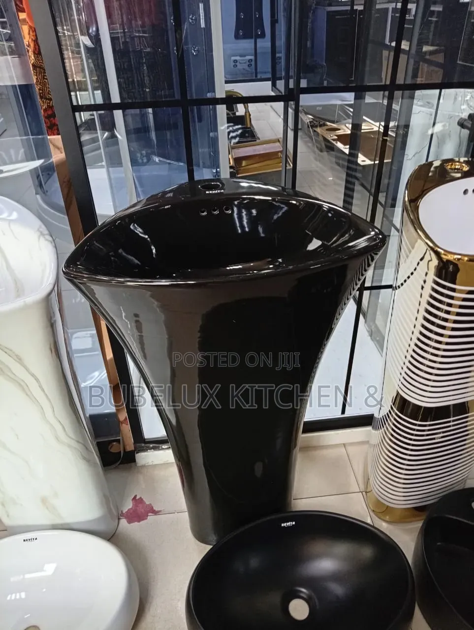 Revita Glossy Black Pedestal Washbasin | One-Piece Luxury Design|Brand