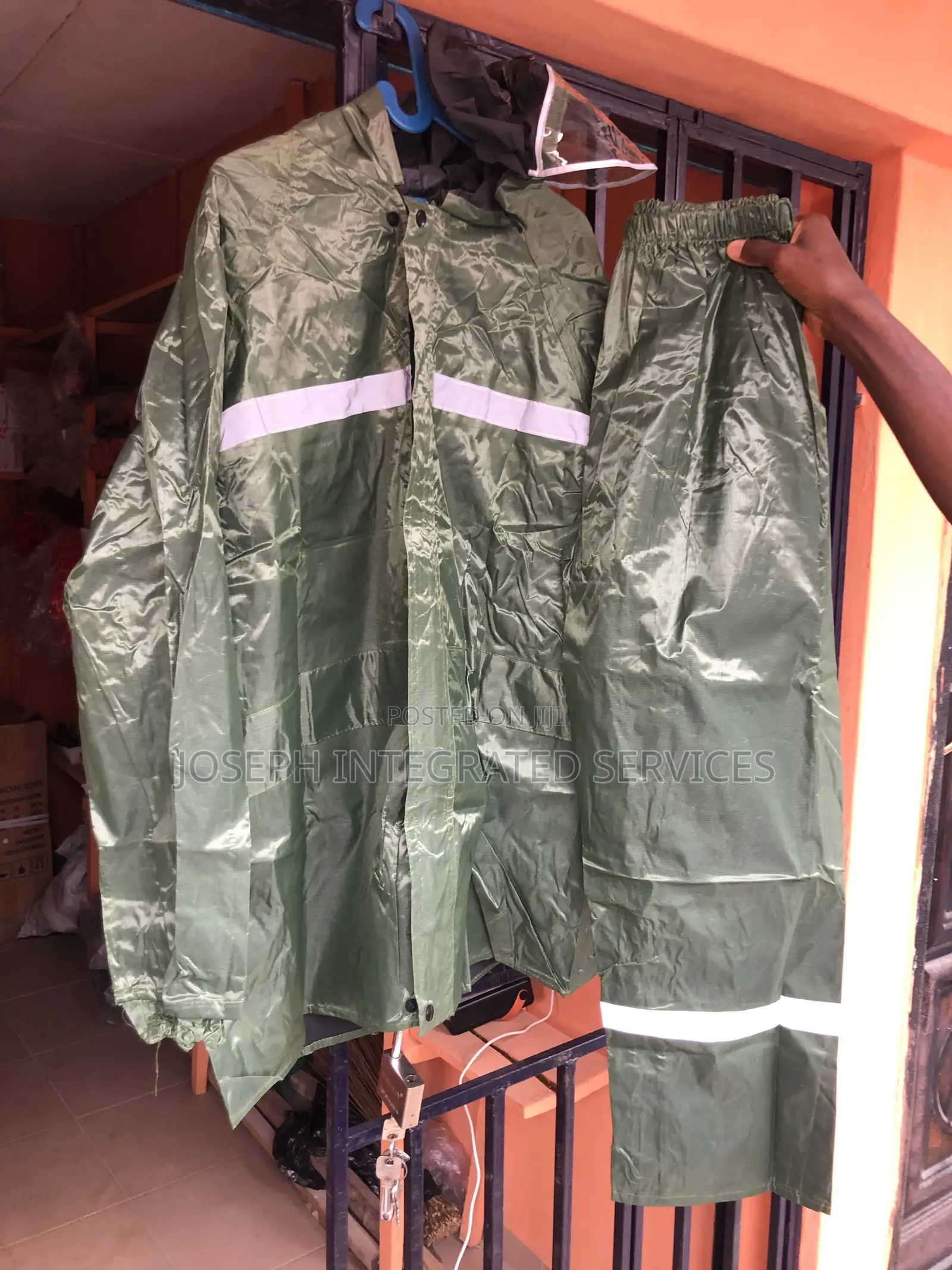 Olive Green Rain Suit Set Features Reflective Safety Strips