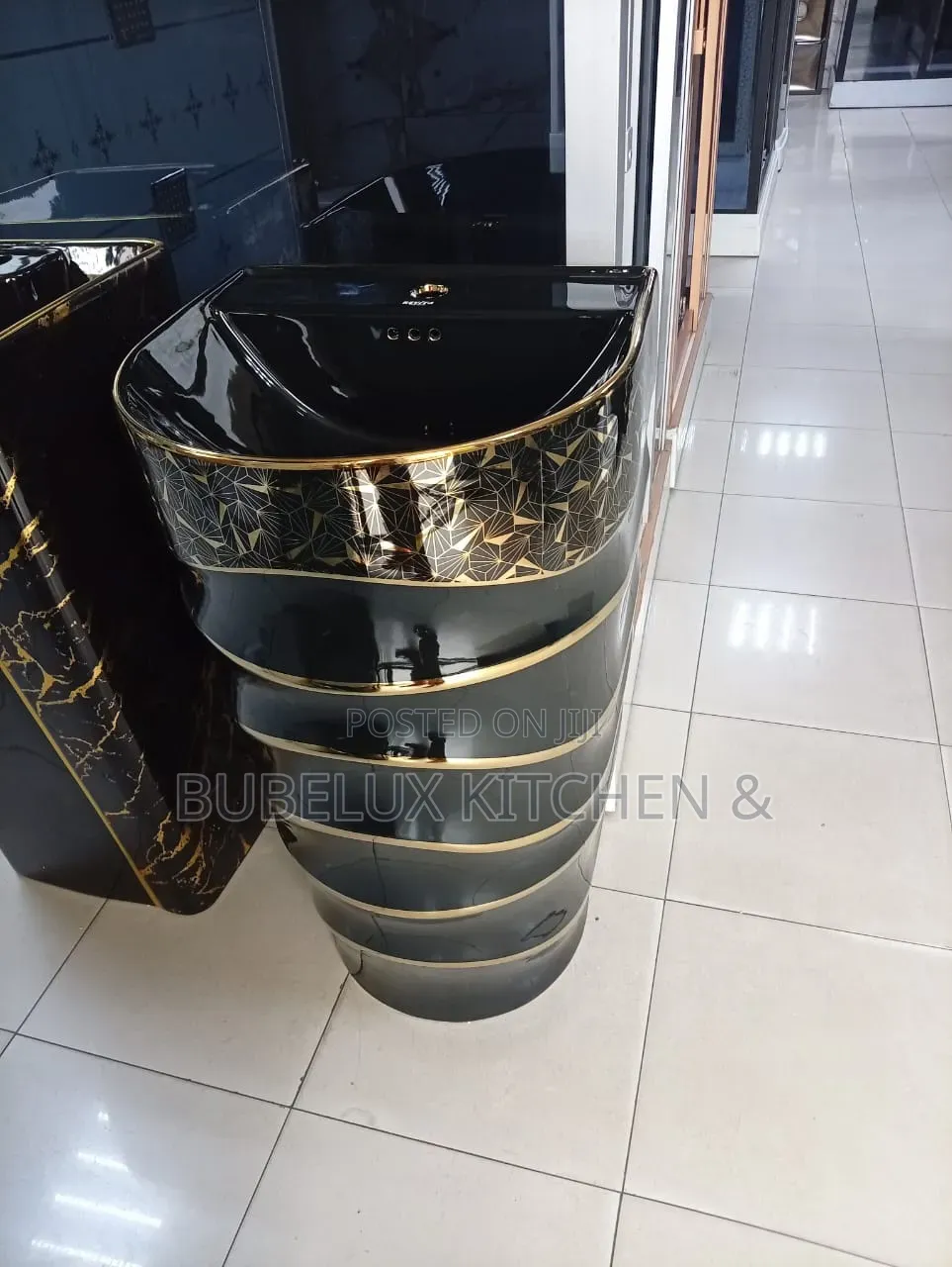 Revita Black Gold Geometric One-Piece Pedestal Washbasin |