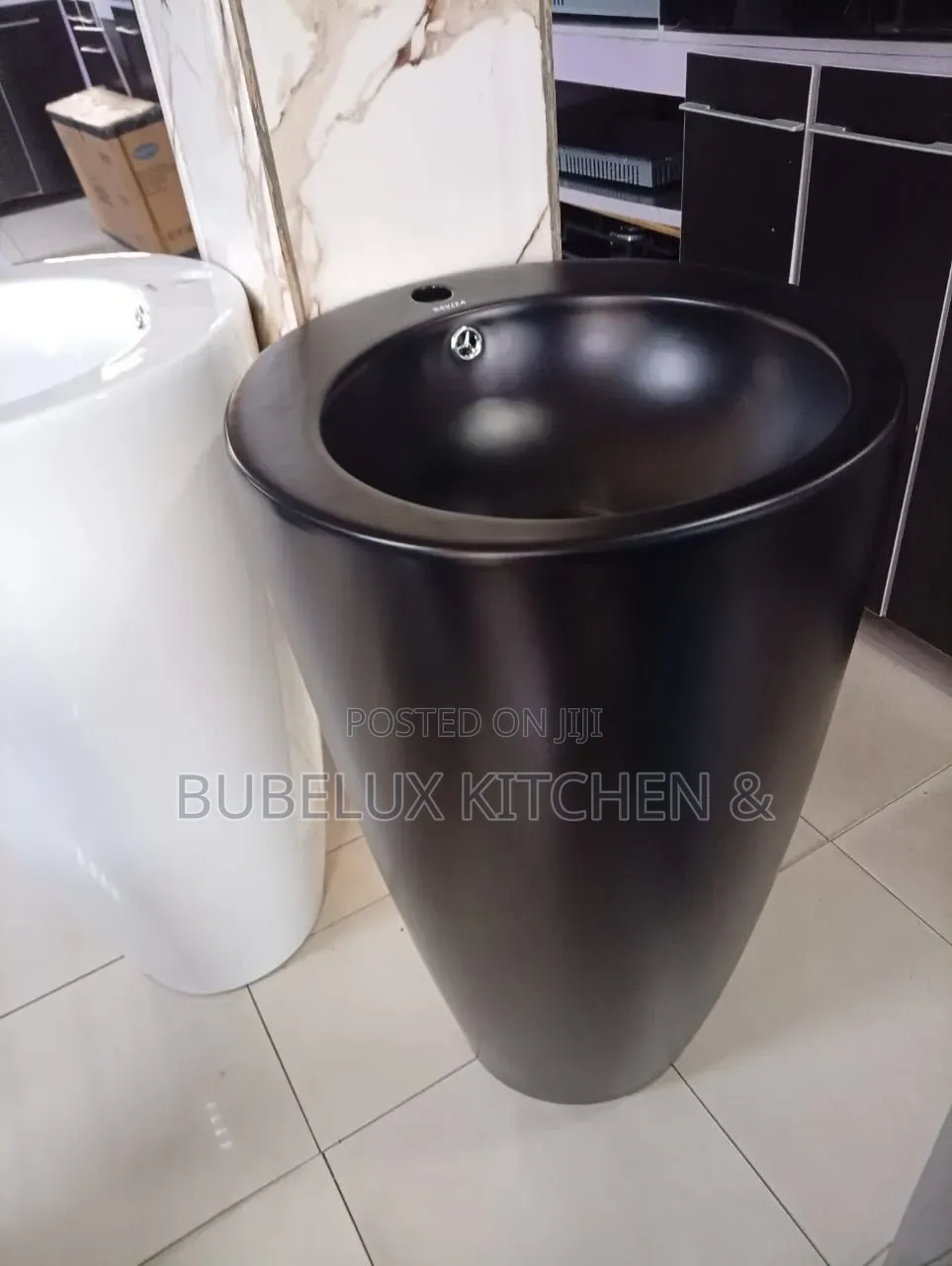 Revita Matte Black One-Piece Pedestal Washbasin | Round Bowl