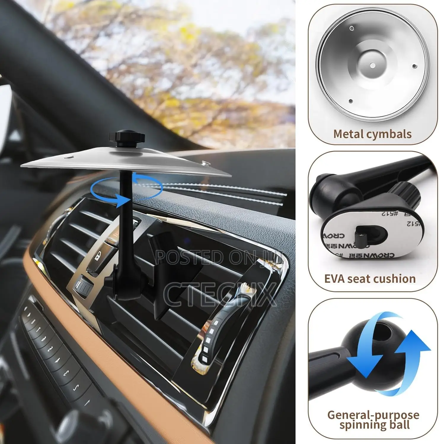 Car Drum Air Vent Car Crash Cymbal 360° Rotating Mini Drum Cymbal