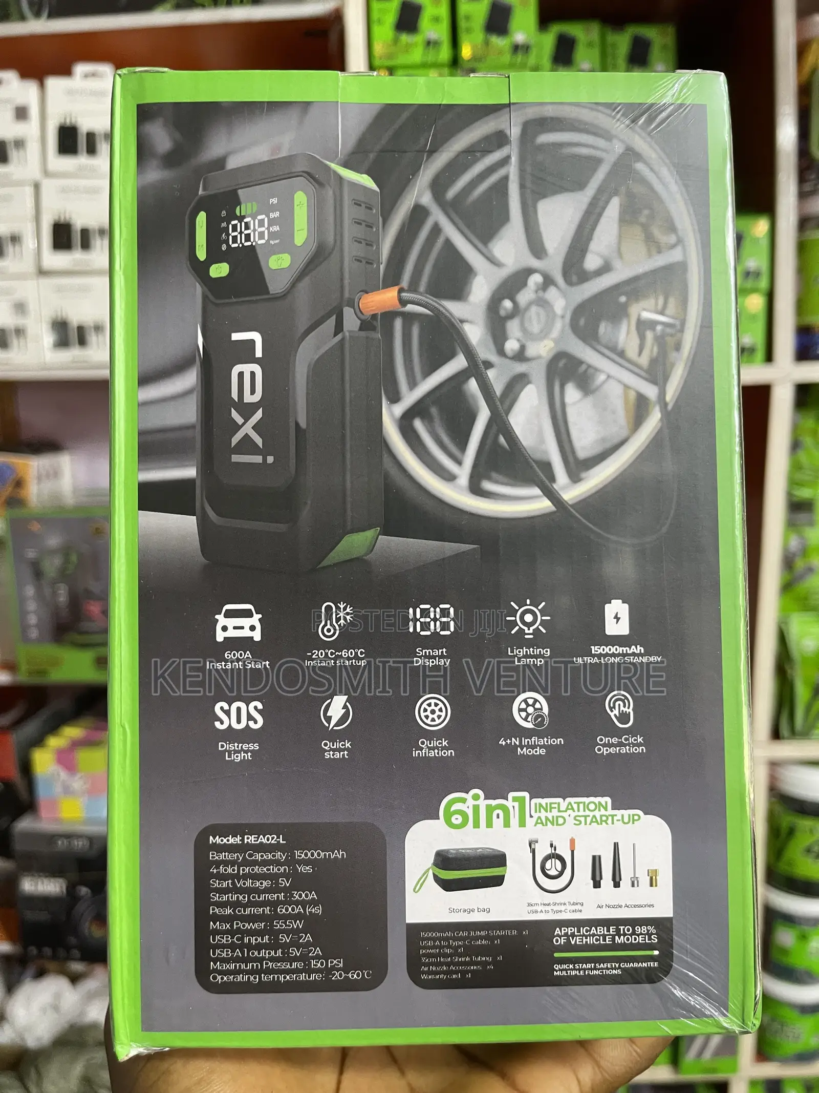 Rexi 6in1 Car Jump Starter 600a 15000mah With Air Compressor