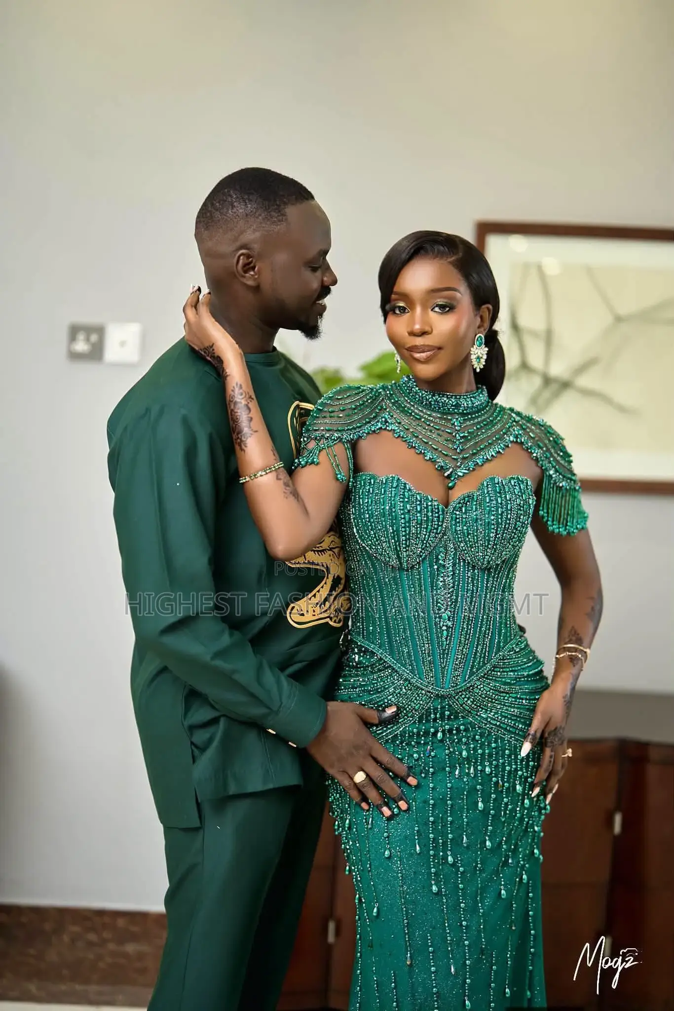 Luxury Emerald Green Beaded Reception Dress