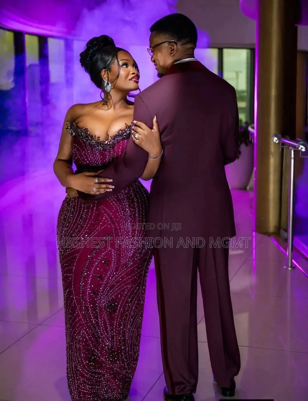 Elegant Couples Burgundy Reception Dress Combo