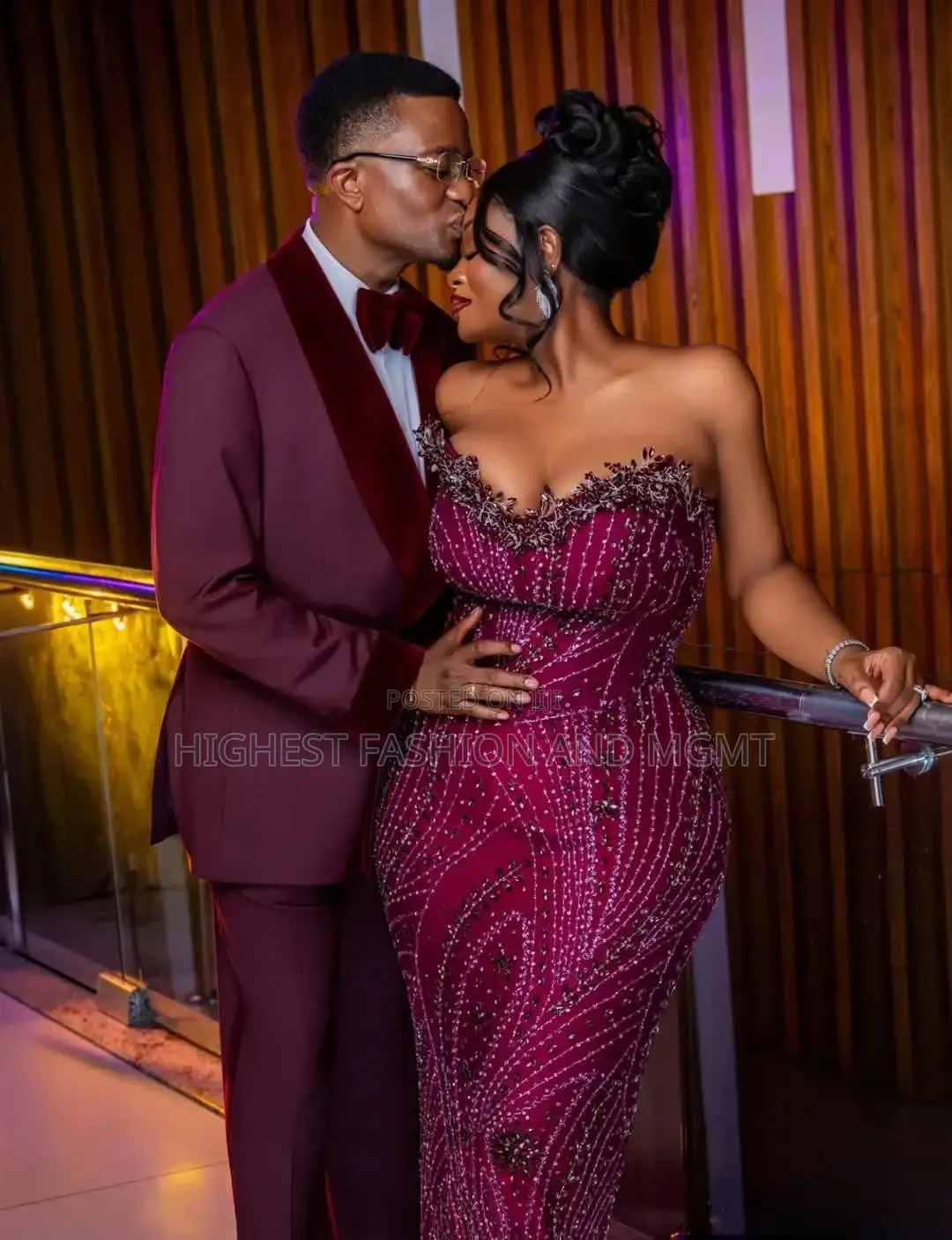 Elegant Couples Burgundy Reception Dress Combo
