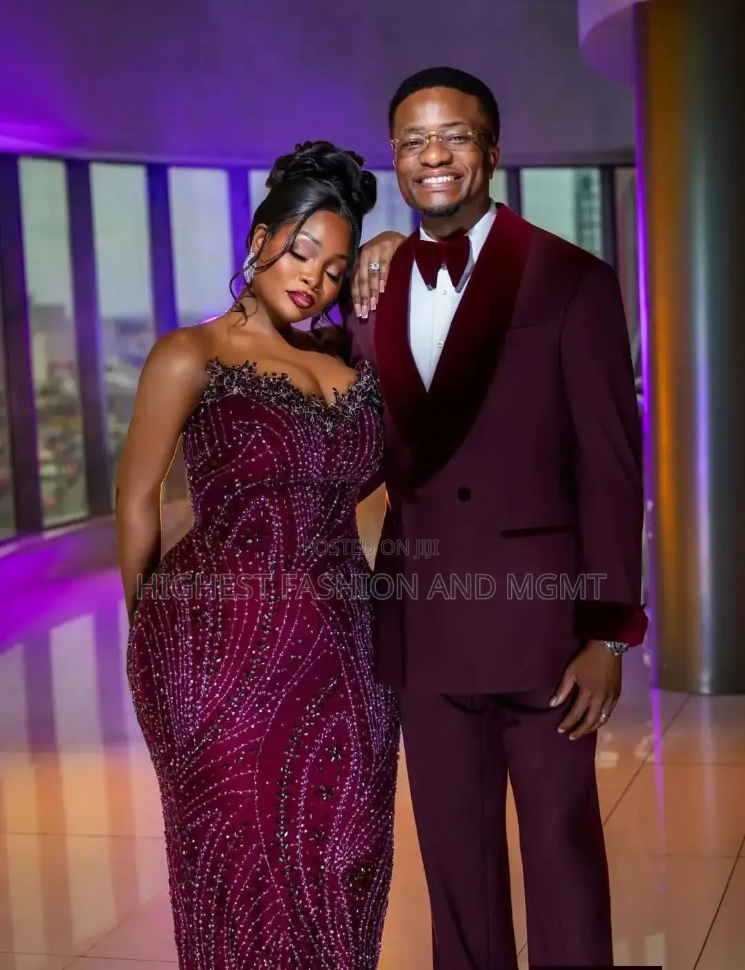 Elegant Couples Burgundy Reception Dress Combo