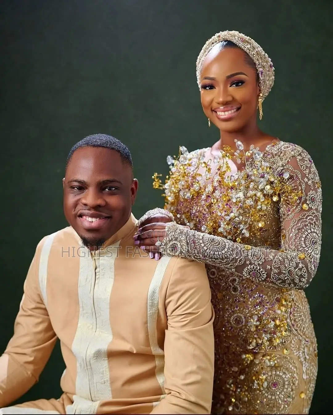 Premium Gold Crystal Bridal Dress + Turban Set