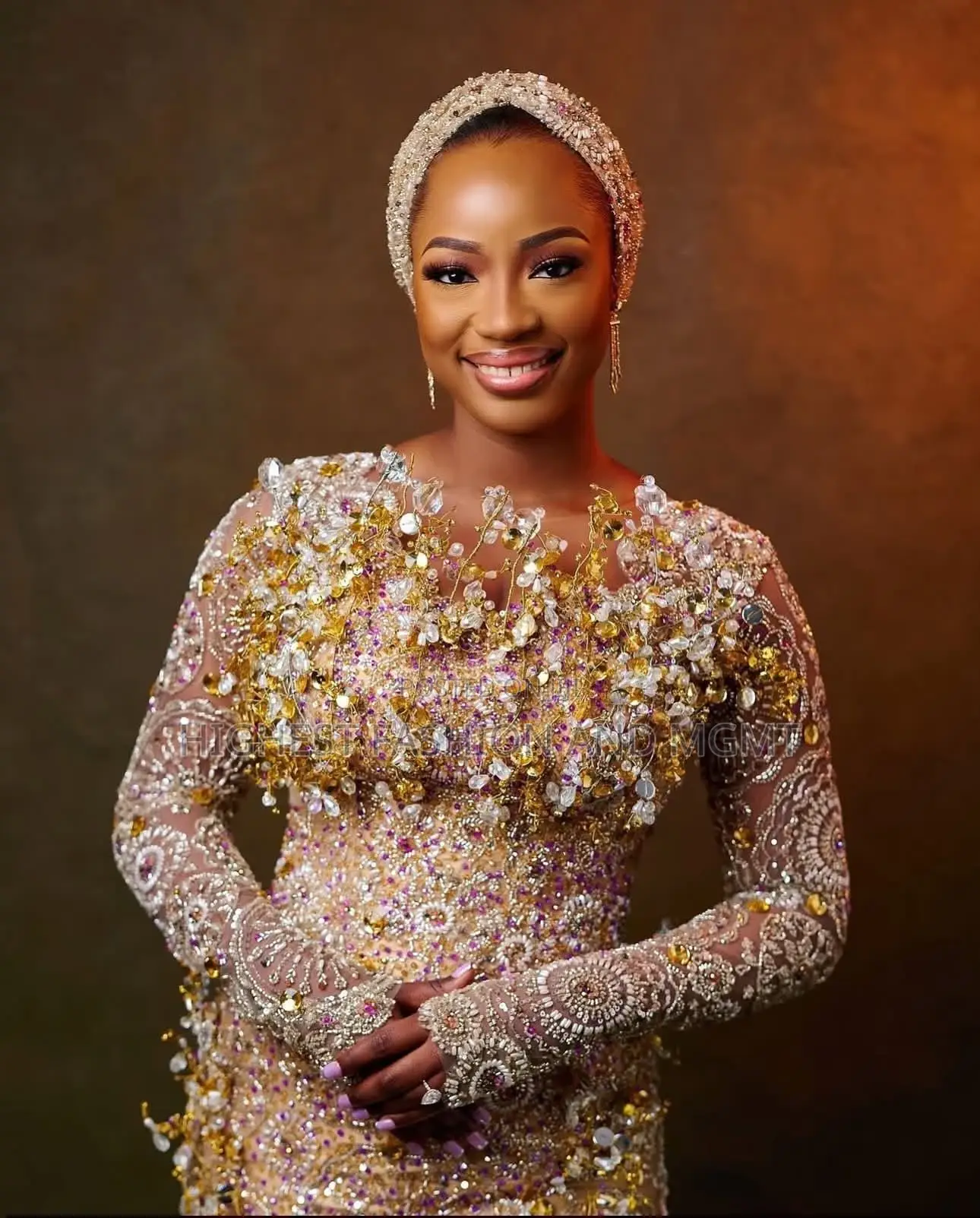 Premium Gold Crystal Bridal Dress + Turban Set