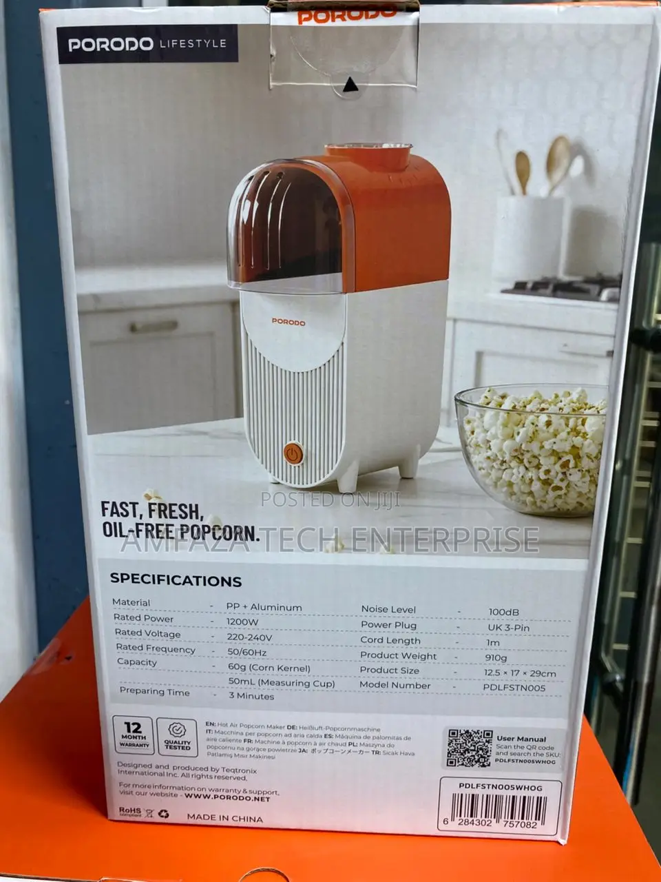 Porodo Lifestyle Popper Hot Air Popcorn Maker With Measuring Cup: