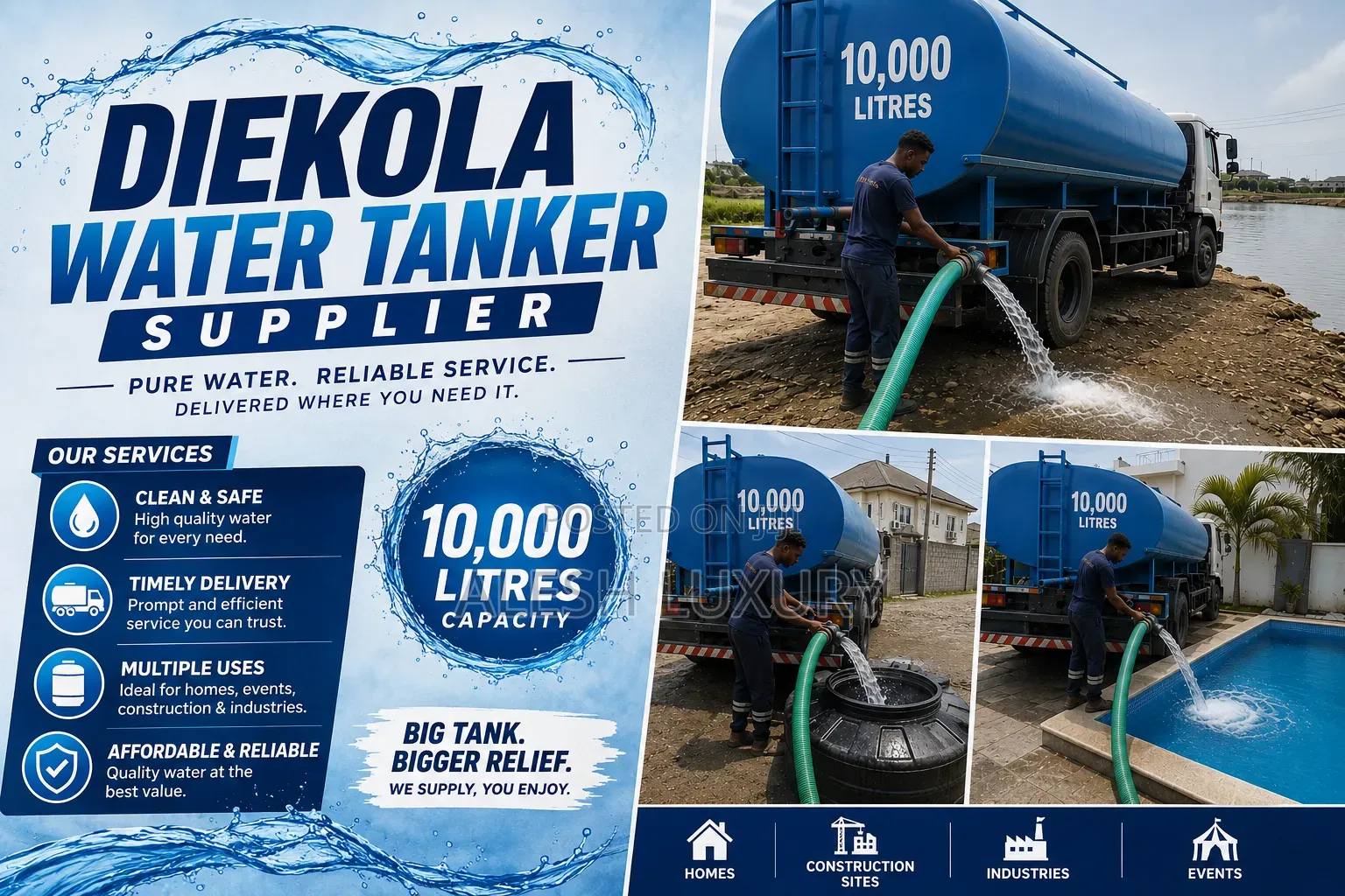Supplying Water for Homes, Estates, Construction Sites, Events.