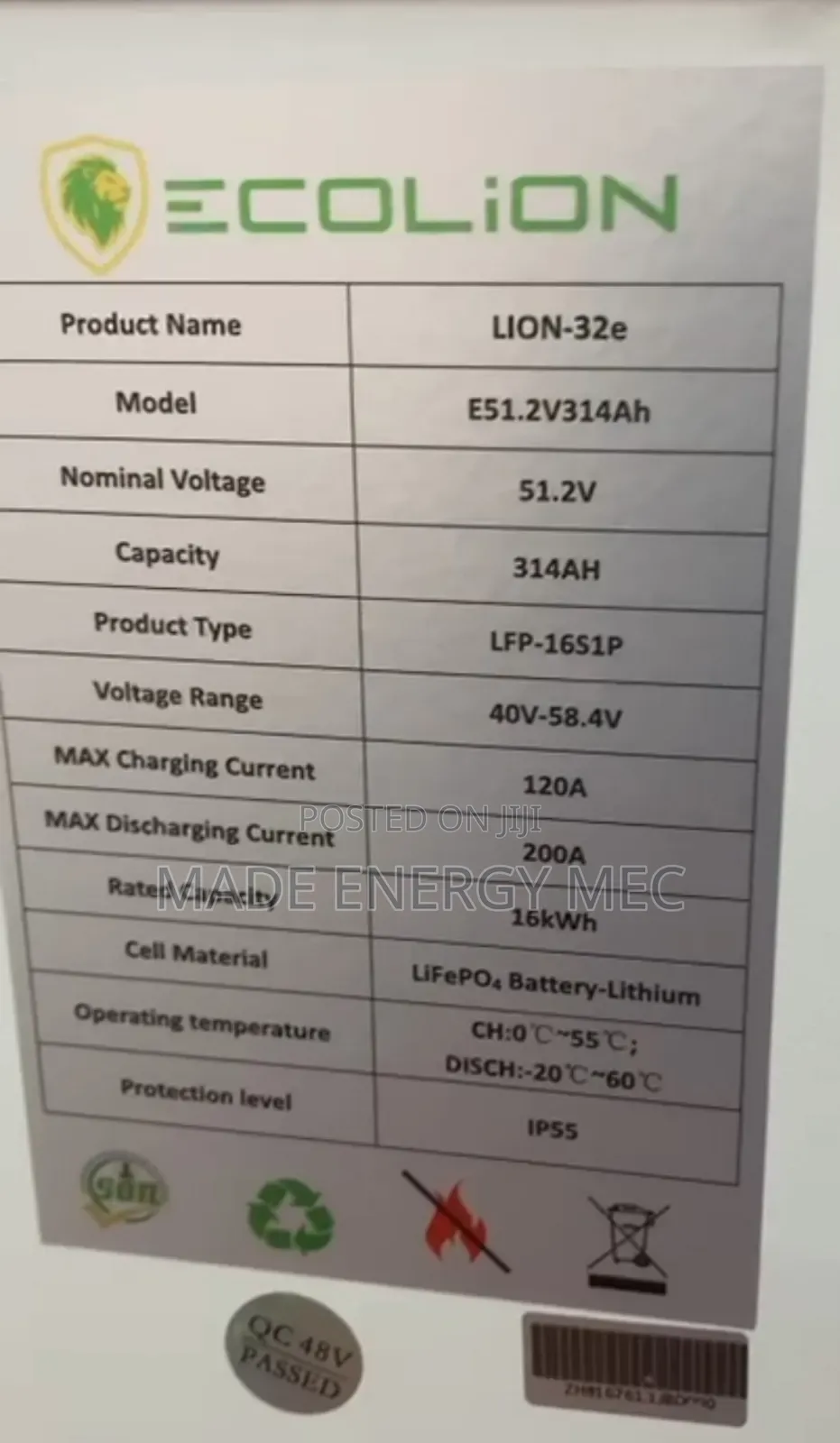 16kwh 48v Ecolion Lithium Ion Battery