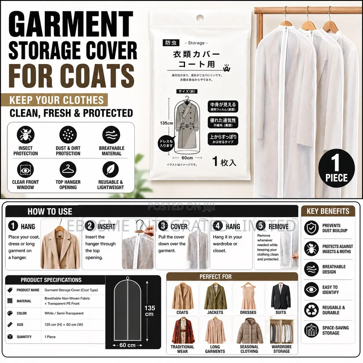 Garment Storage Cover for Coats (H135 X W 60 Cm )