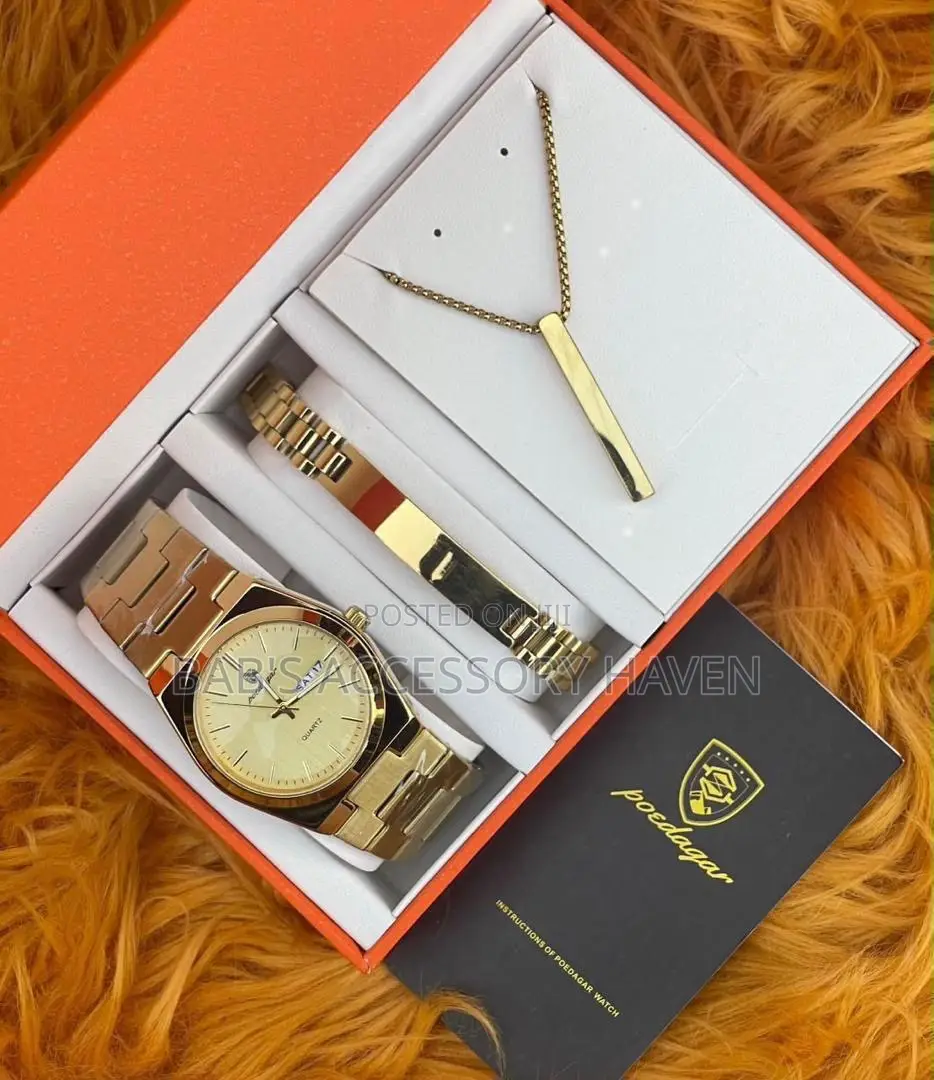 Premium Poedagar Men's Gift Combo(Watch,Cuff-Bracelet and Necklace)