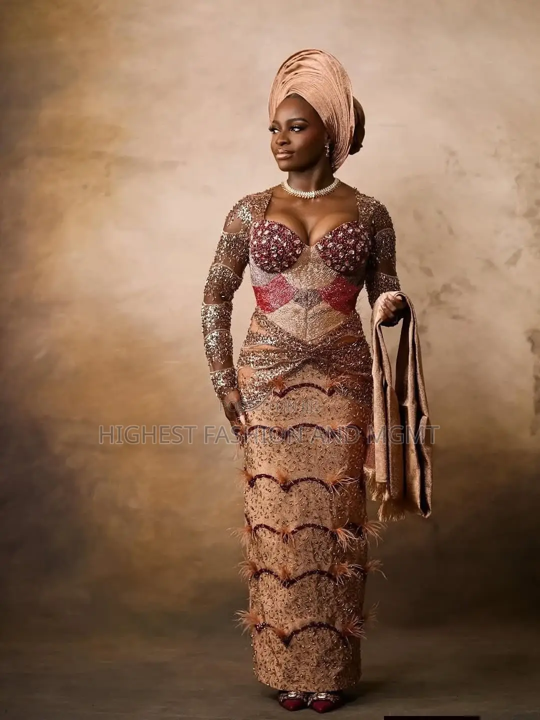 Elegant Beaded Corset Wedding Dress With Gele