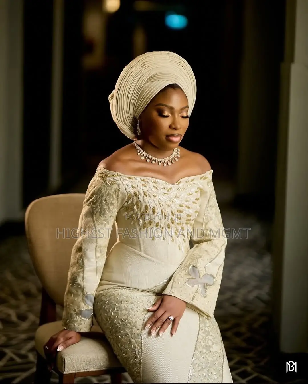 Classy Cream Beaded Corset Bridal Dress Gele