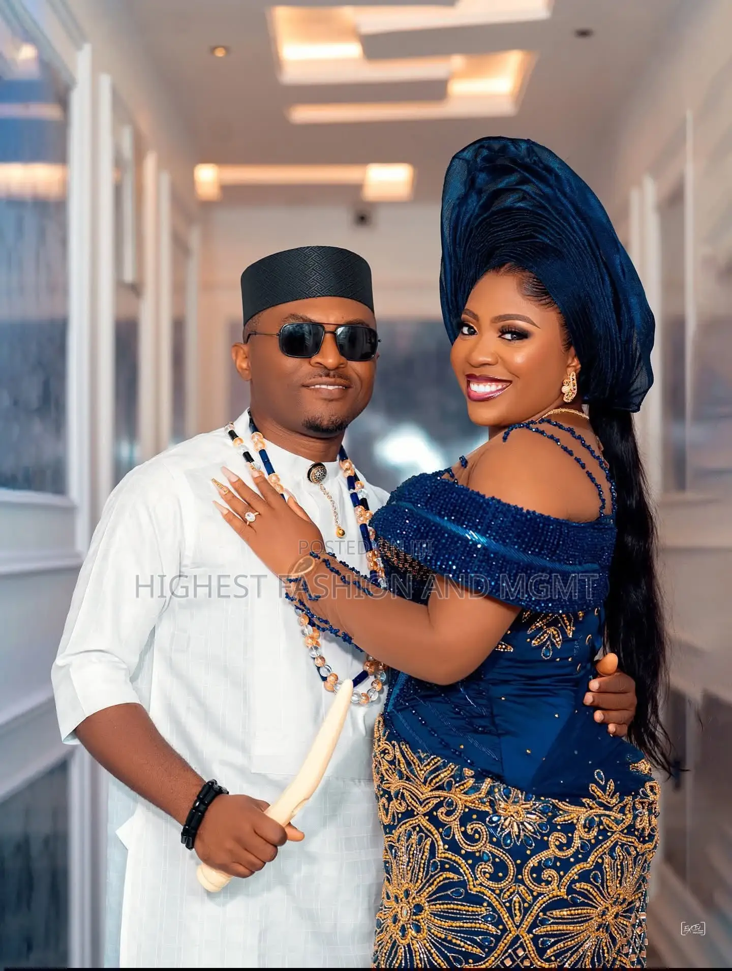 Luxury Navy Blue Gold Embroidered George Gown