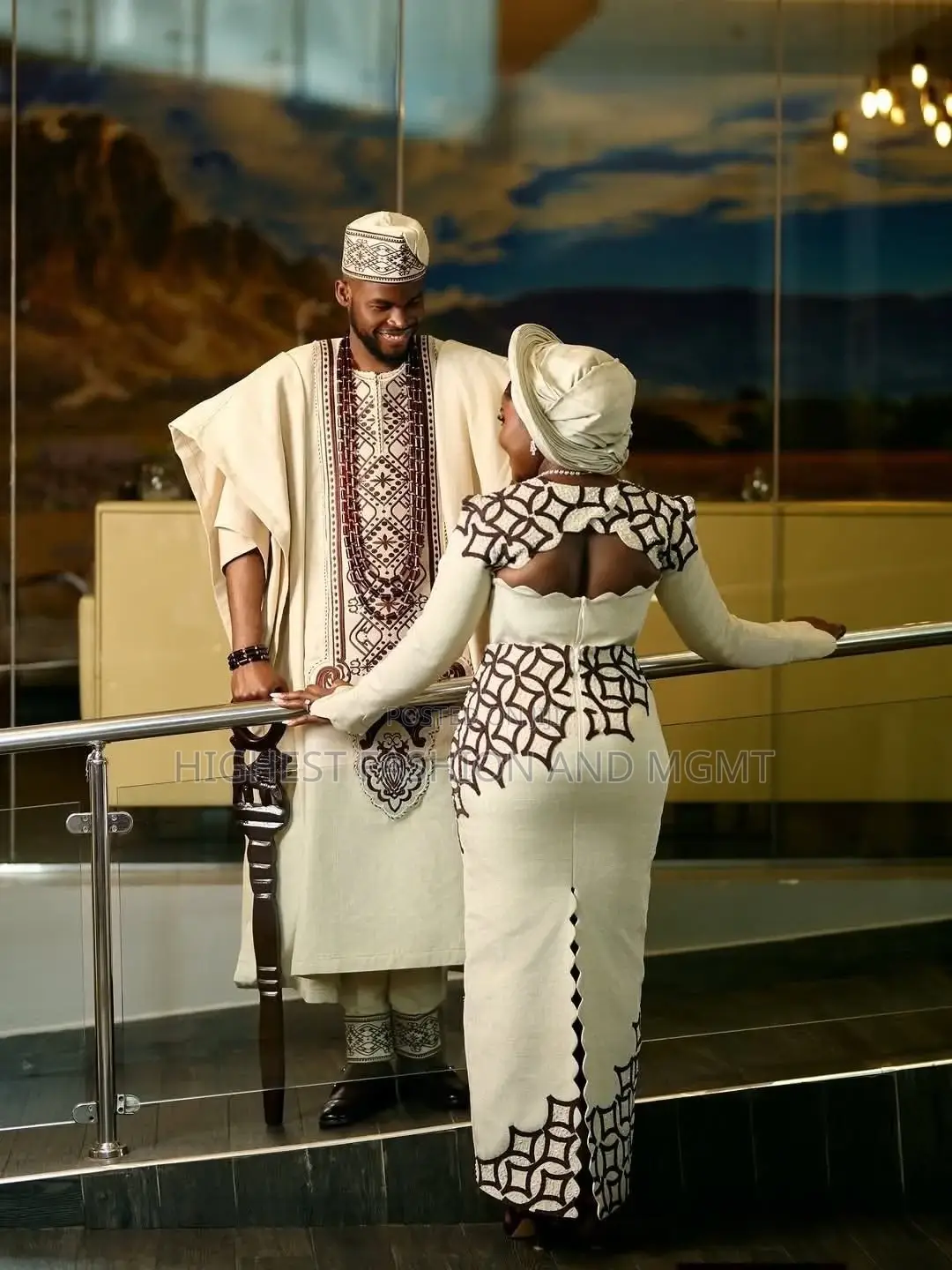 Elegant Embroidered Cut Back Aso-Oke Wedding Dress + Gele