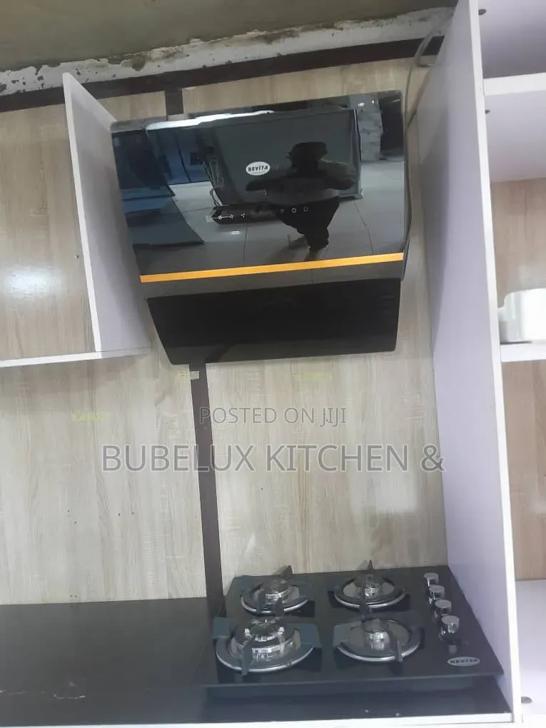 Revita 60cm Black Curved Glass Kitchen Hood Touch Led Gold Trim`